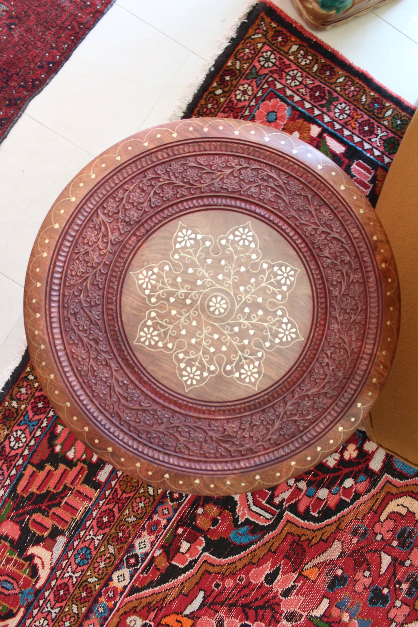 Indian Carved Rosewood & Brass Inlay Side Table