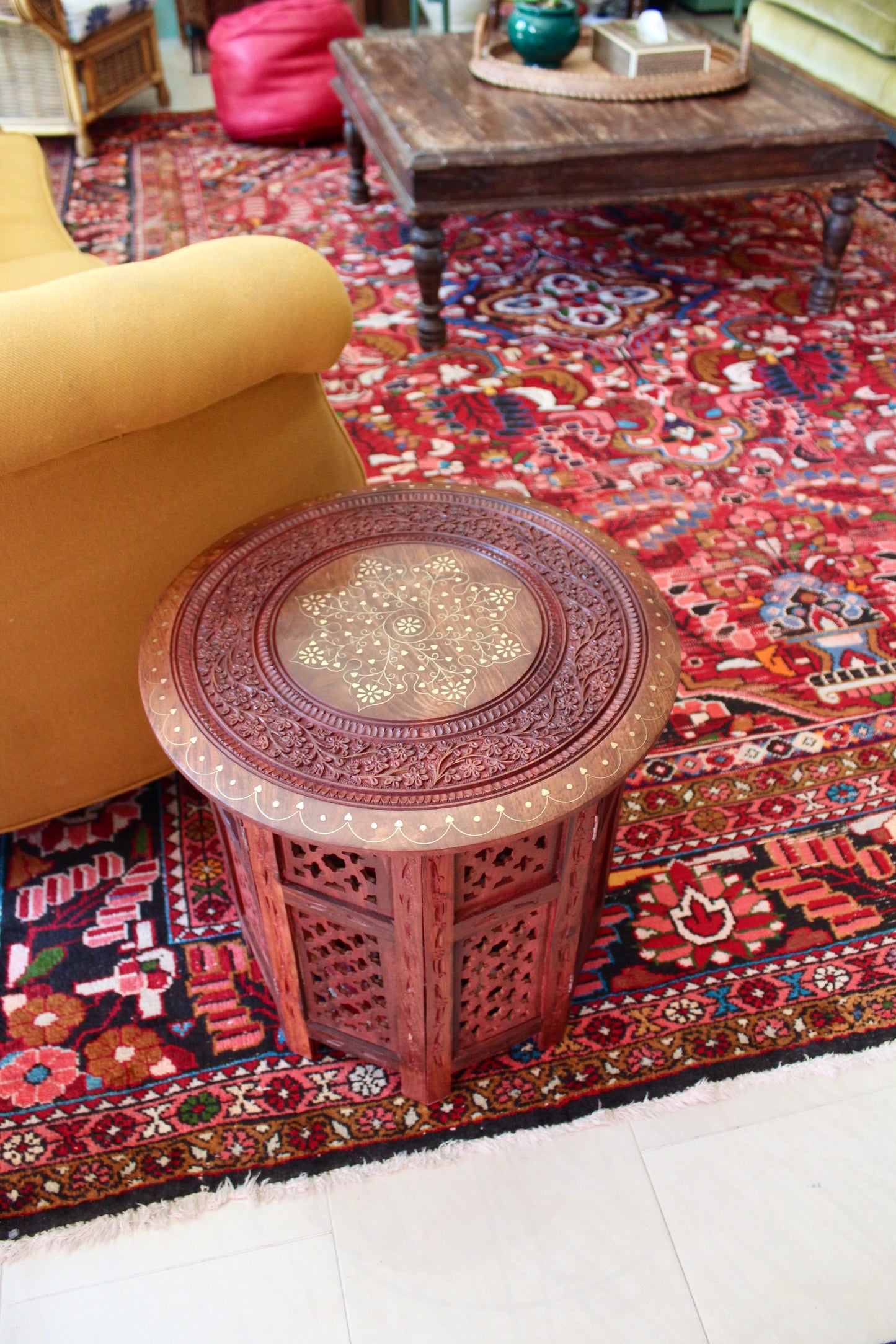 Indian Carved Rosewood & Brass Inlay Side Table