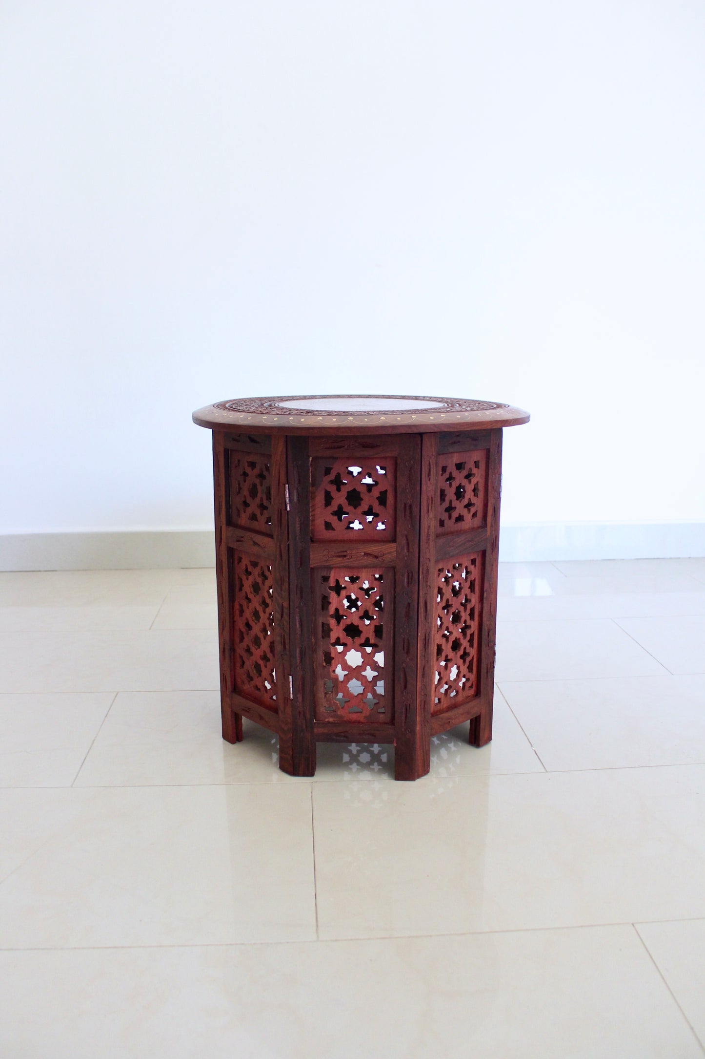 Indian Carved Rosewood & Brass Inlay Side Table