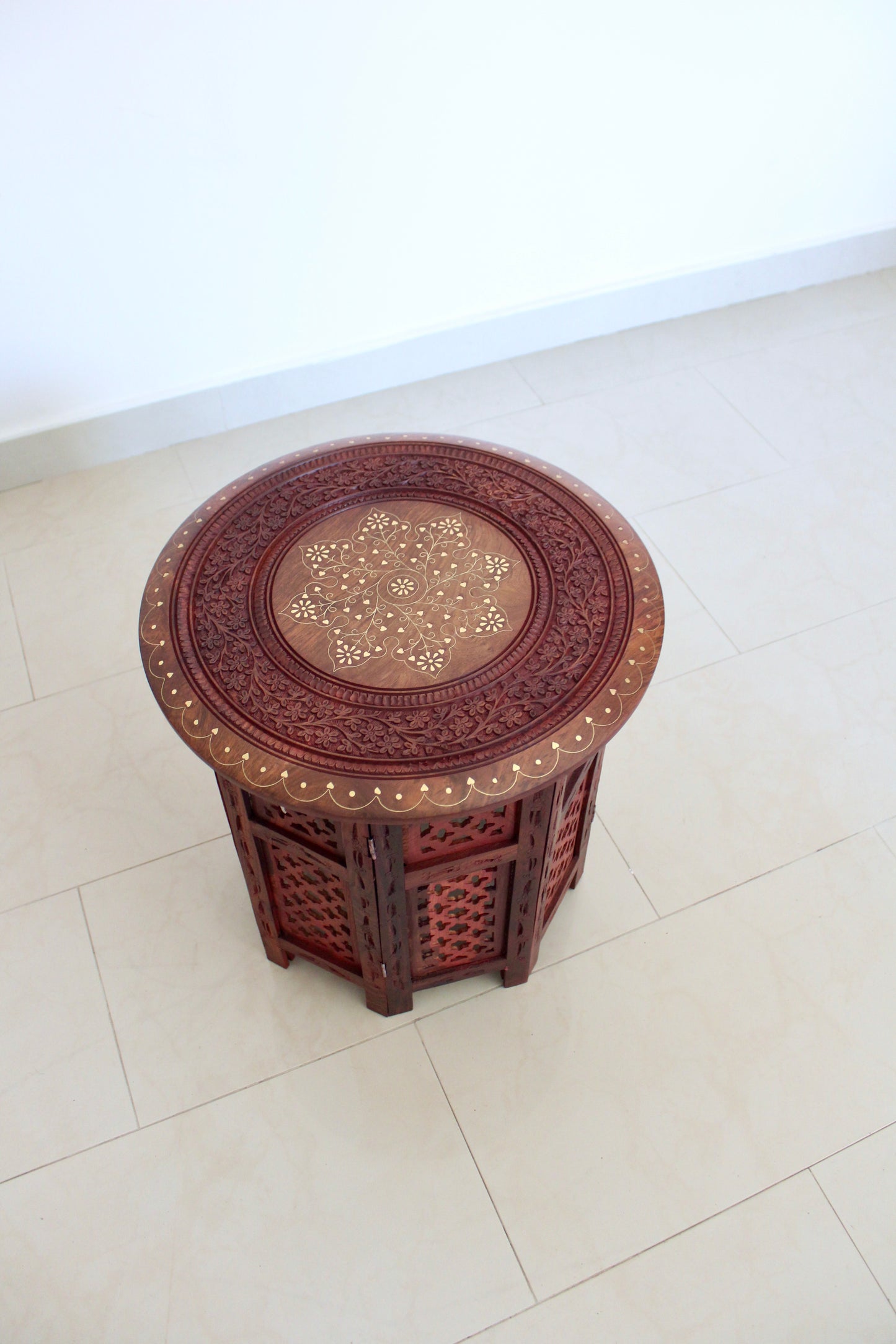 Indian Carved Rosewood & Brass Inlay Side Table