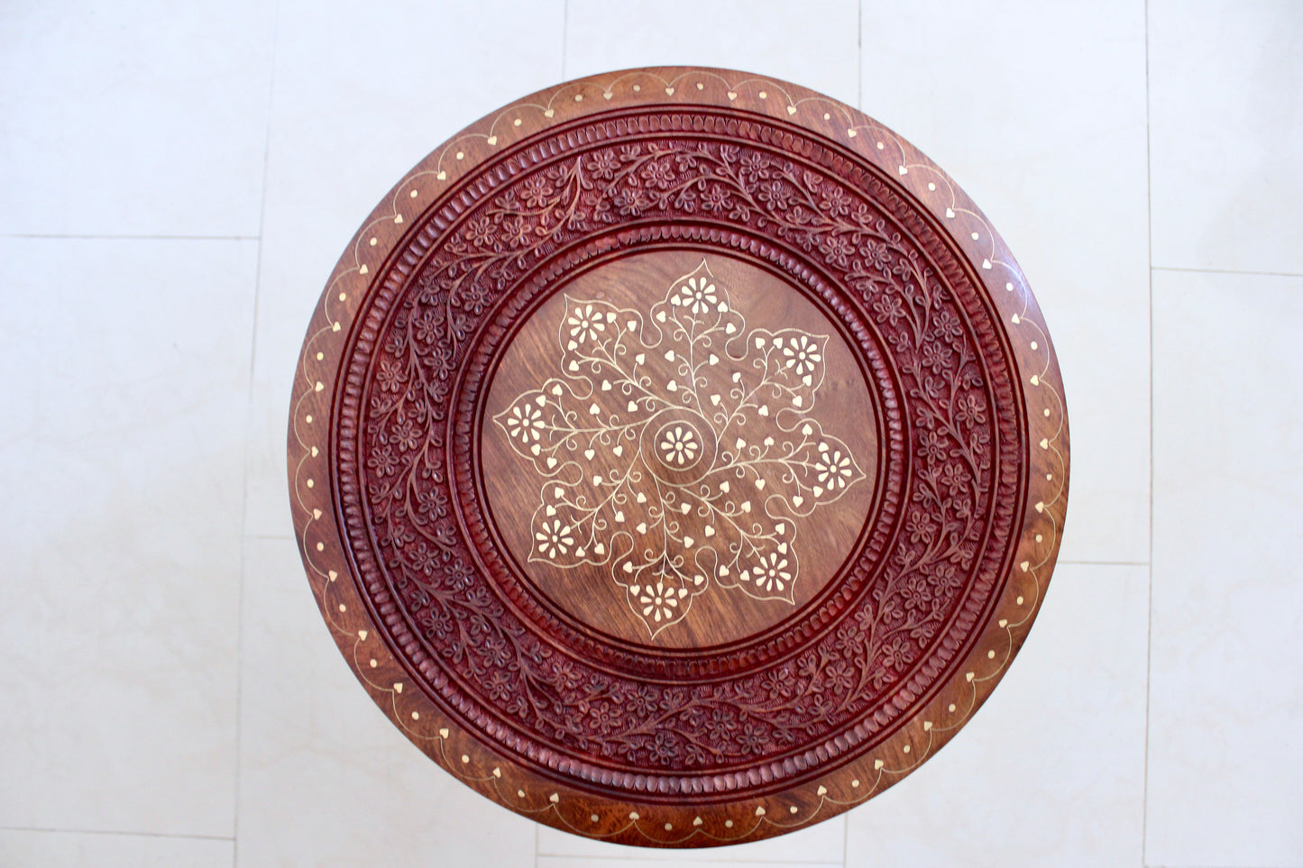 Indian Carved Rosewood & Brass Inlay Side Table