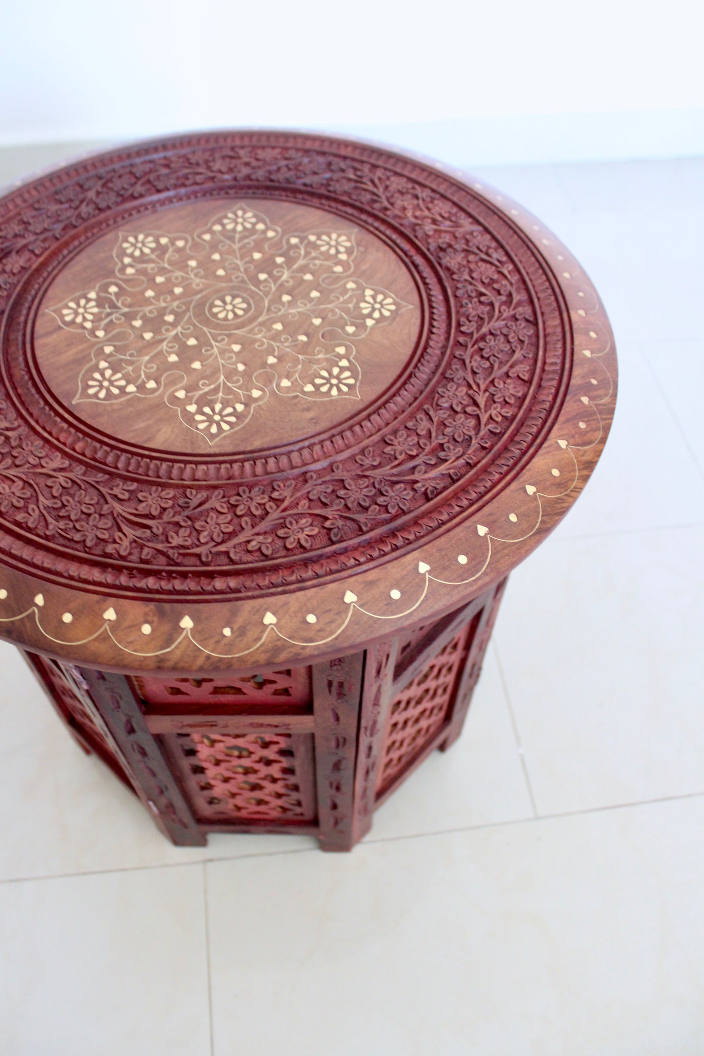 Indian Carved Rosewood & Brass Inlay Side Table