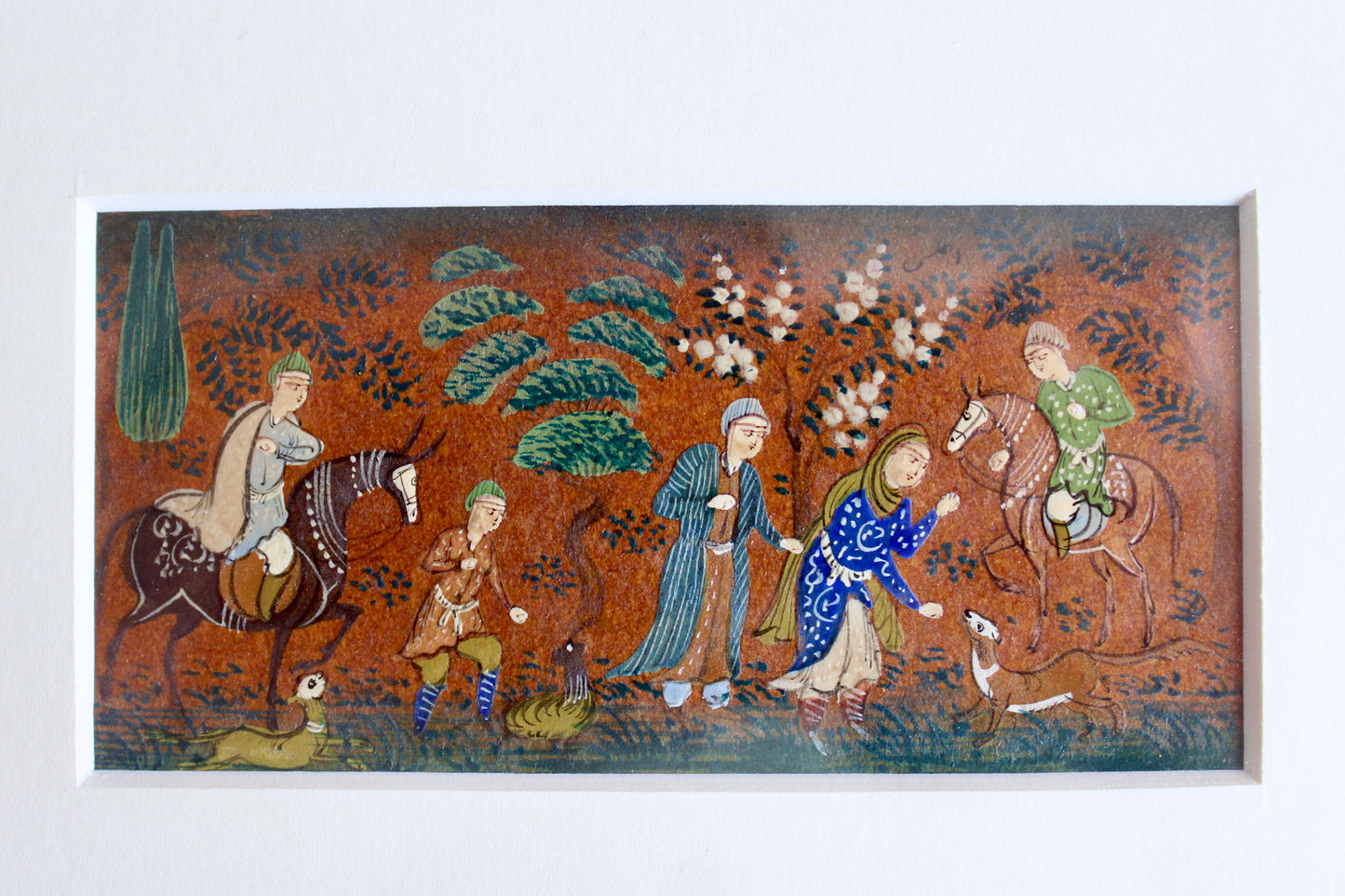 Vintage Persian Miniature Garden Hunting Scene