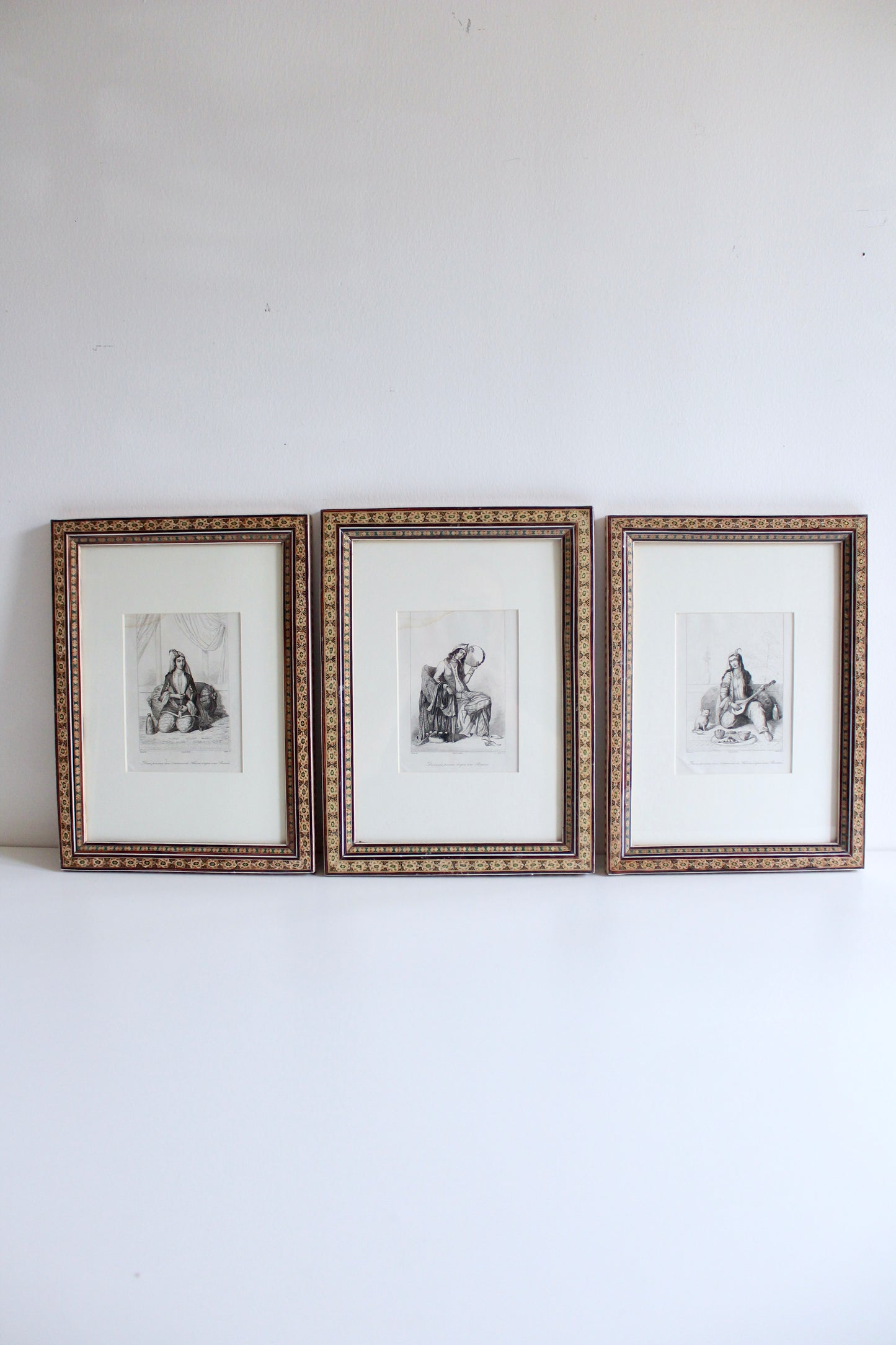 Set of Three Antique 1841 Persian Lady Engravings in Vintage Khatam Kari Frames