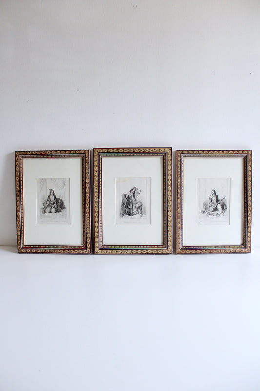 Set of Three Antique 1841 Persian Lady Engravings in Vintage Khatam Kari Frames