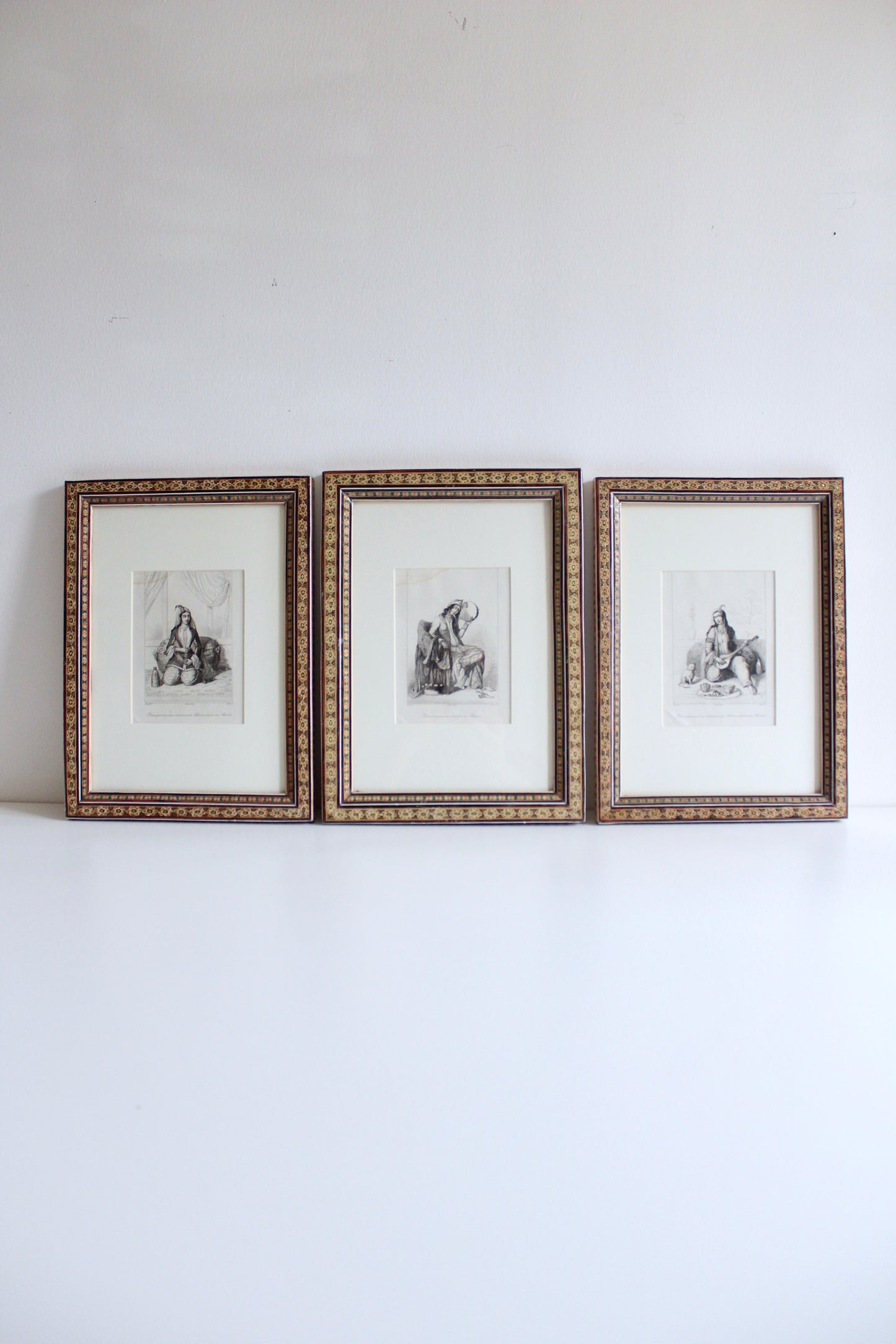 Set of Three Antique 1841 Persian Lady Engravings in Vintage Khatam Kari Frames