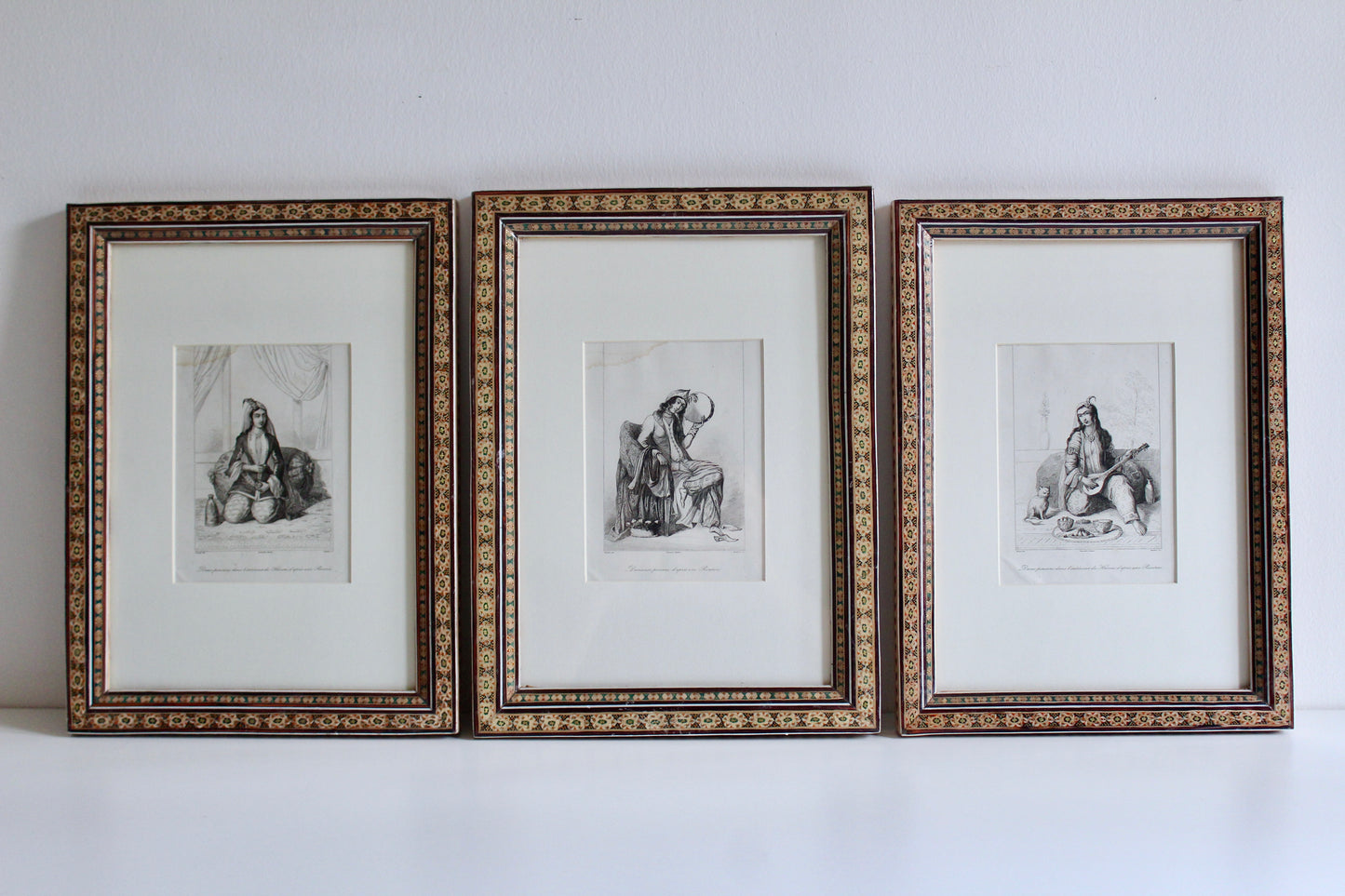 Set of Three Antique 1841 Persian Lady Engravings in Vintage Khatam Kari Frames
