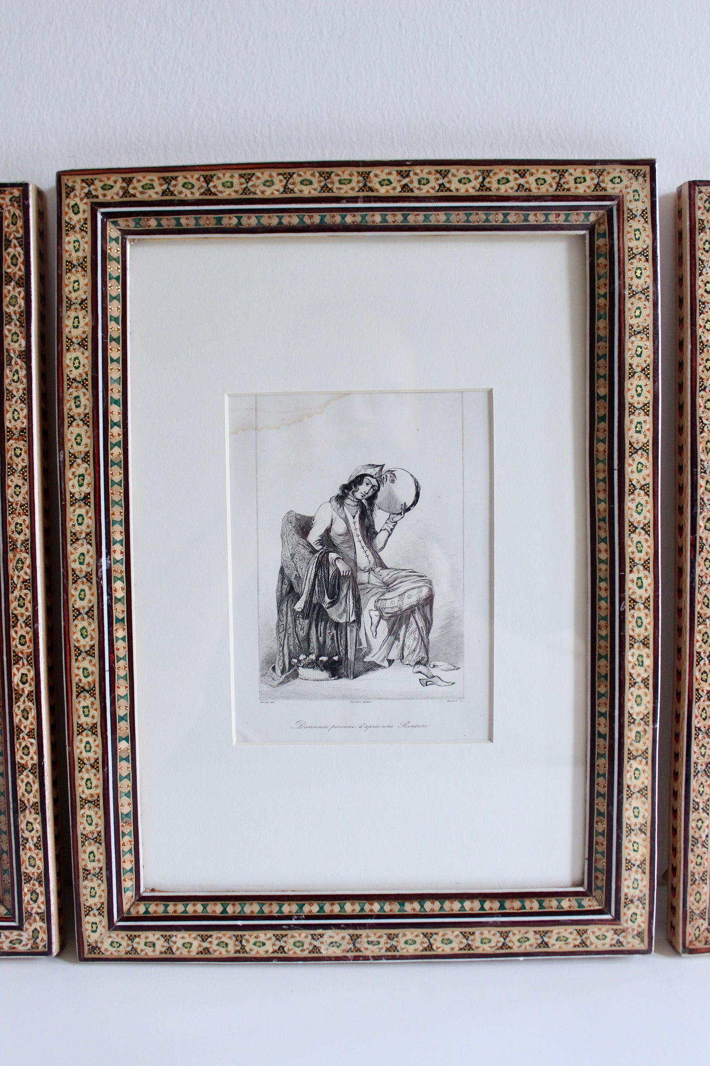 Set of Three Antique 1841 Persian Lady Engravings in Vintage Khatam Kari Frames