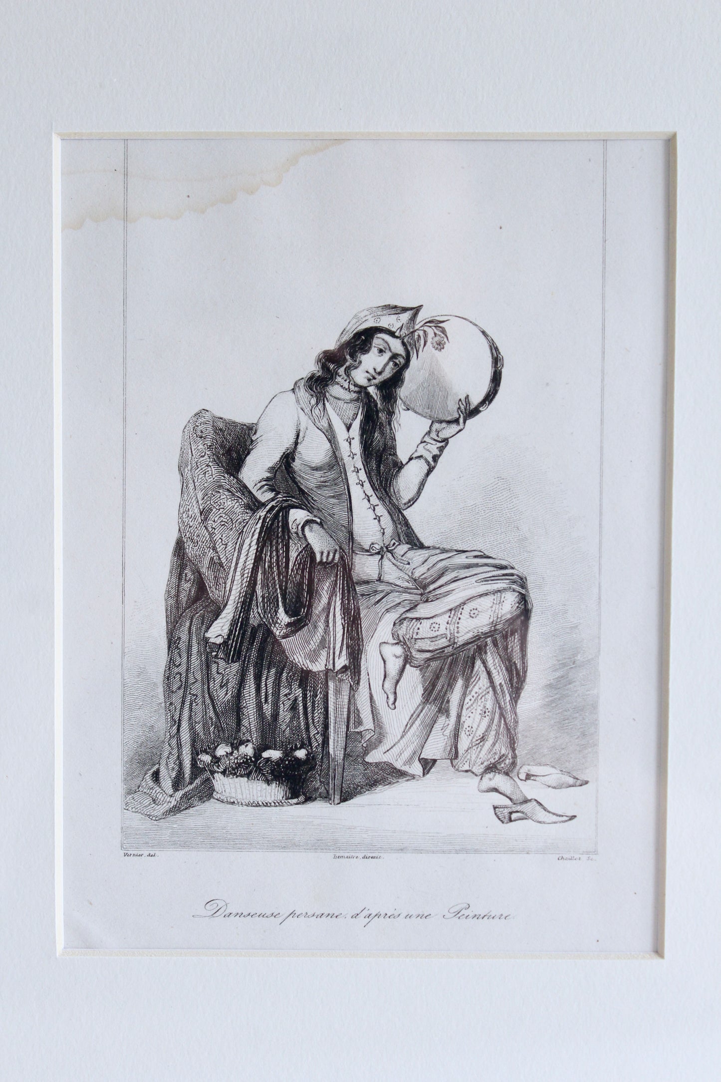 Set of Three Antique 1841 Persian Lady Engravings in Vintage Khatam Kari Frames