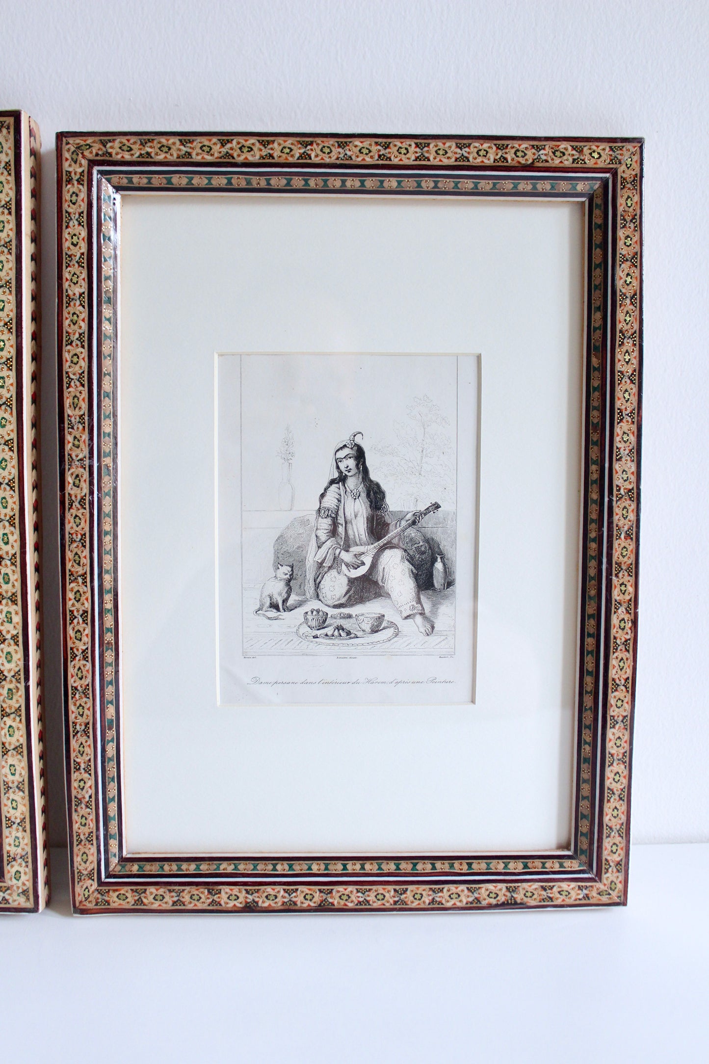 Set of Three Antique 1841 Persian Lady Engravings in Vintage Khatam Kari Frames