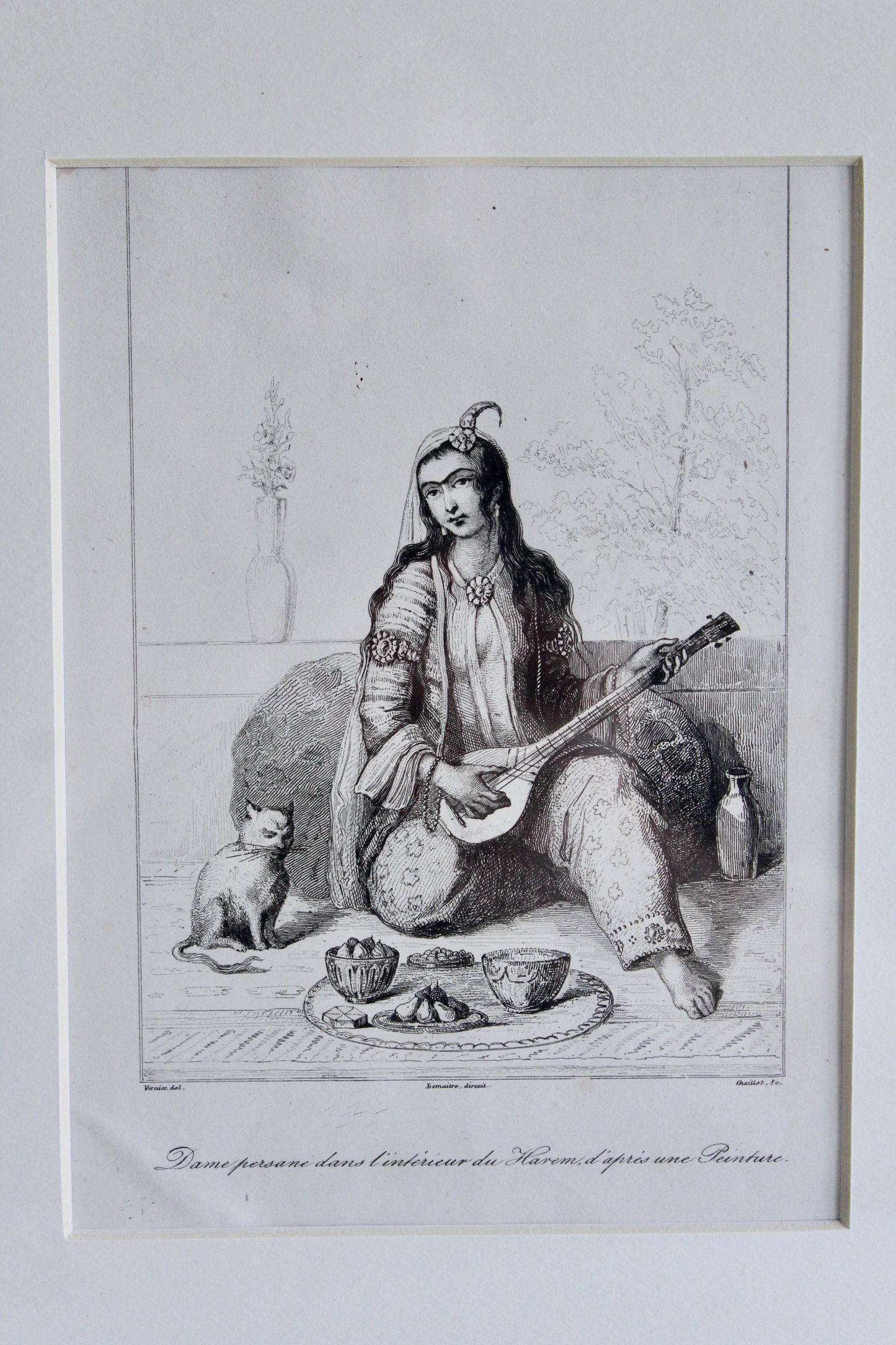 Set of Three Antique 1841 Persian Lady Engravings in Vintage Khatam Kari Frames