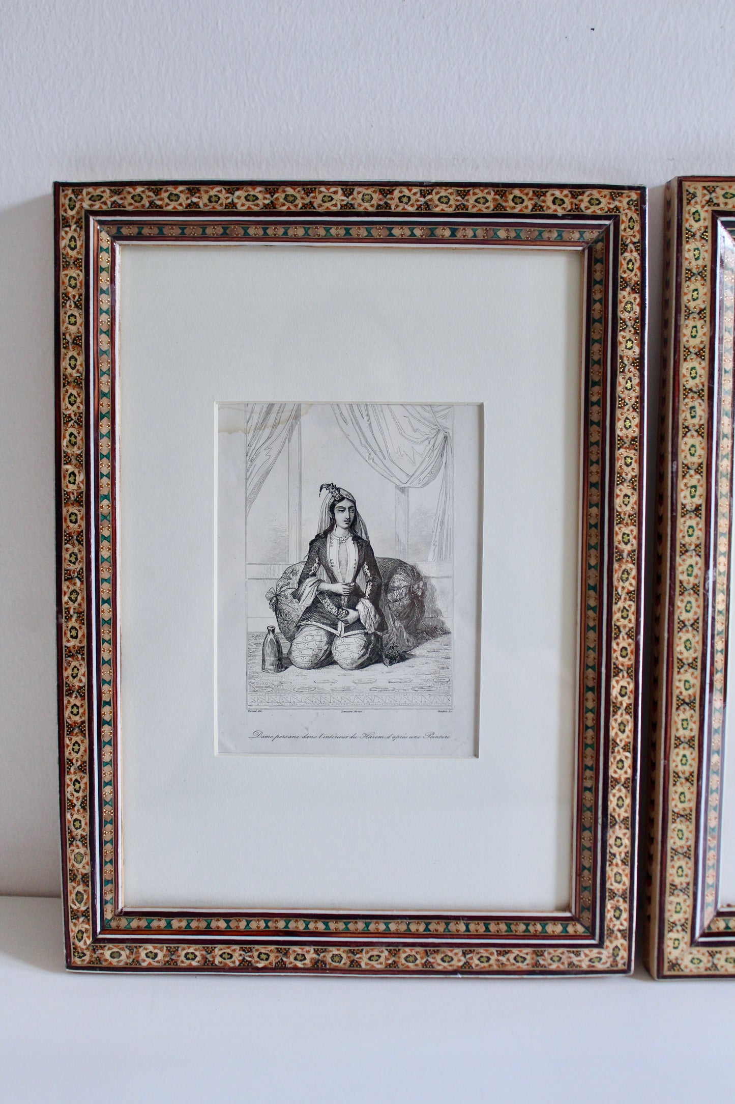 Set of Three Antique 1841 Persian Lady Engravings in Vintage Khatam Kari Frames