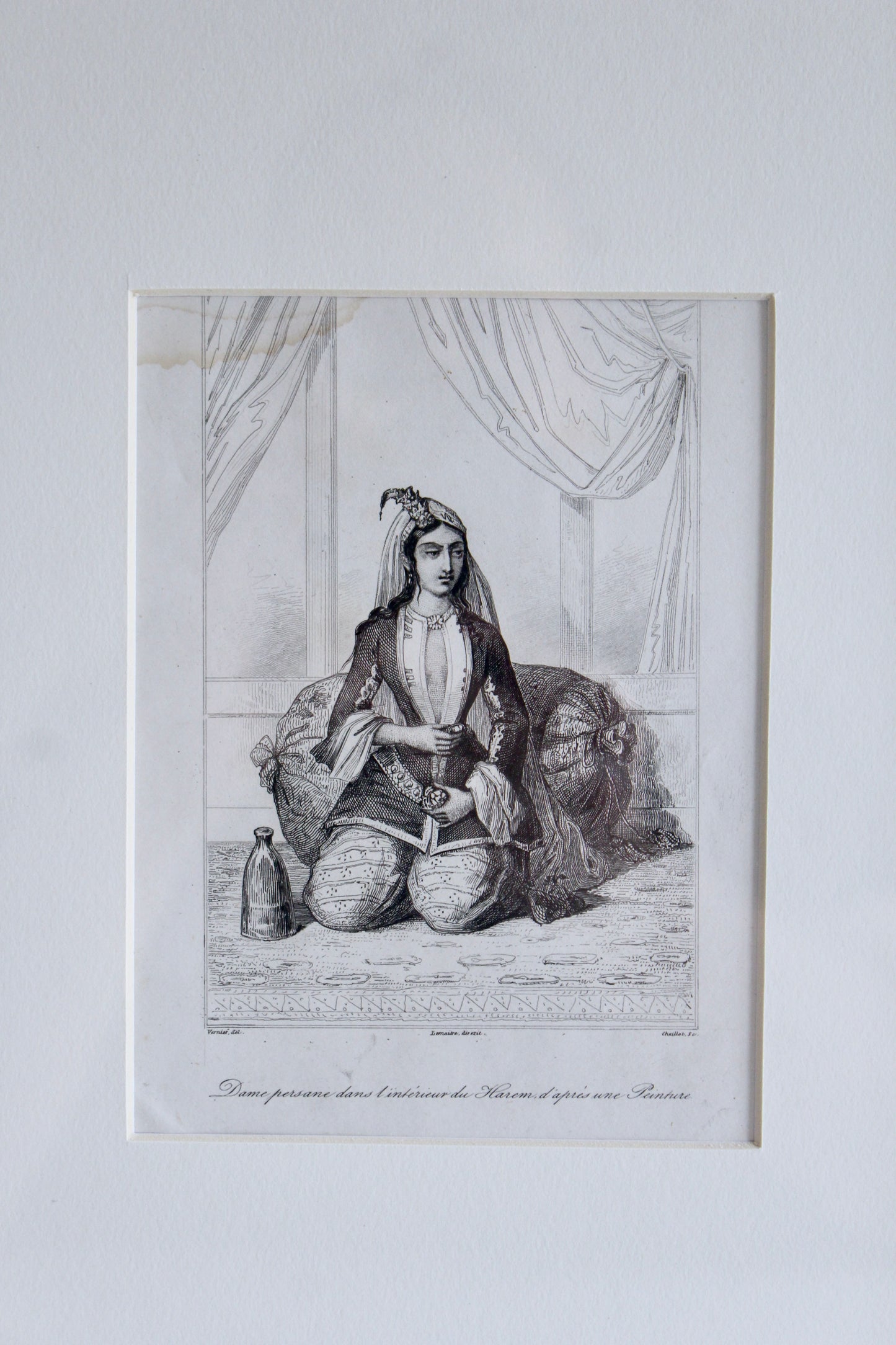 Set of Three Antique 1841 Persian Lady Engravings in Vintage Khatam Kari Frames