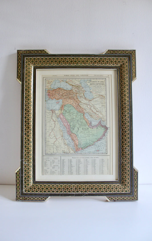 Antique 1919 Map of Arabia in Vintage Khatam Kari Frame