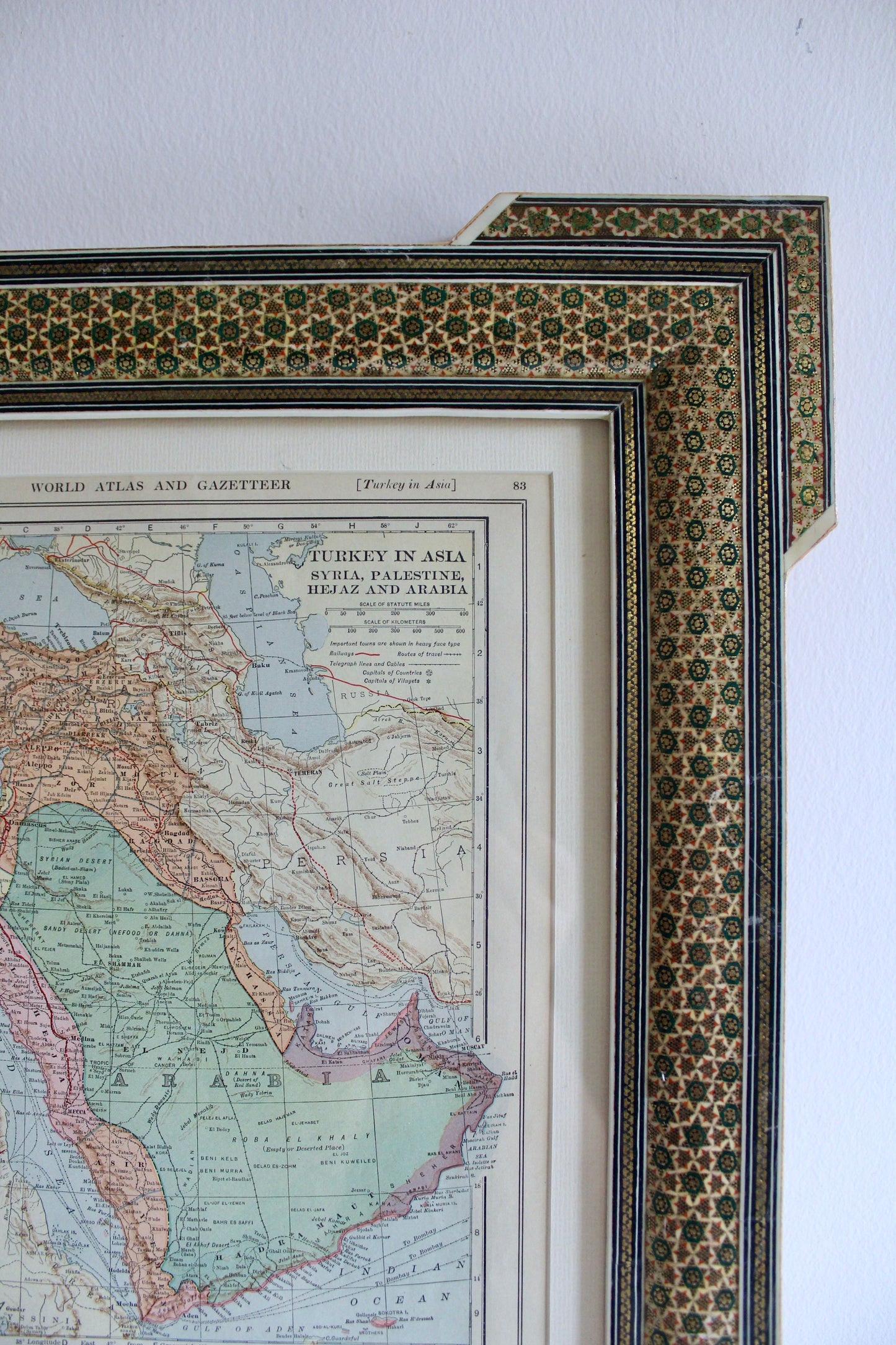 Antique 1919 Map of Arabia in Vintage Khatam Kari Frame