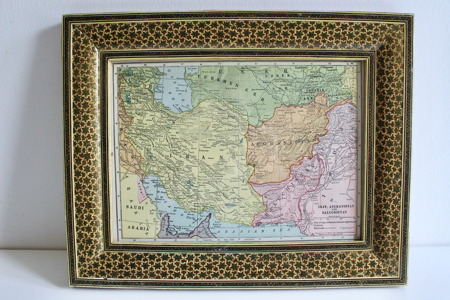 Vintage 1936 Map of Iran, Afghanistan and Baluchistan in Khatam Kari Frame