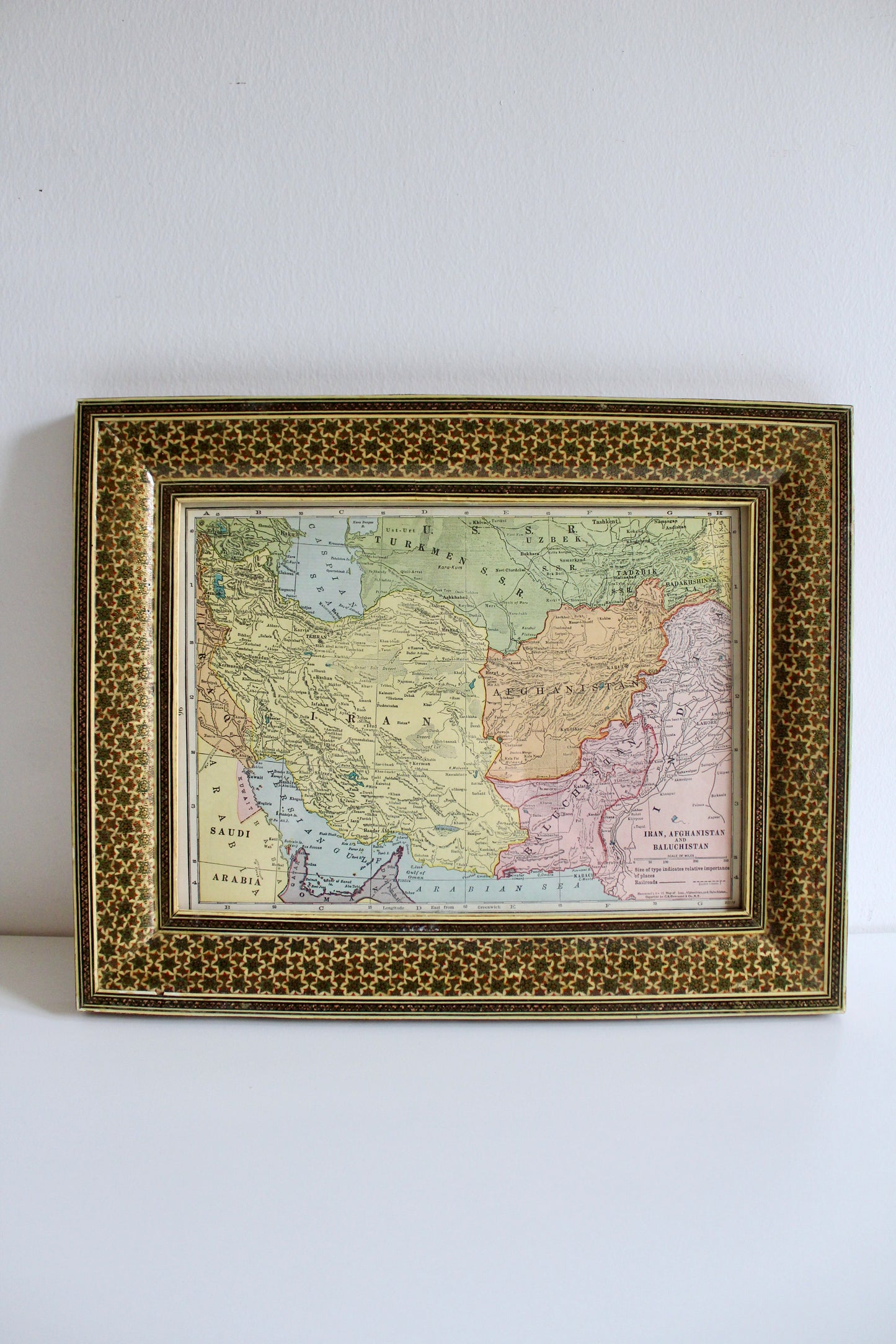 Vintage 1936 Map of Iran, Afghanistan and Baluchistan in Khatam Kari Frame