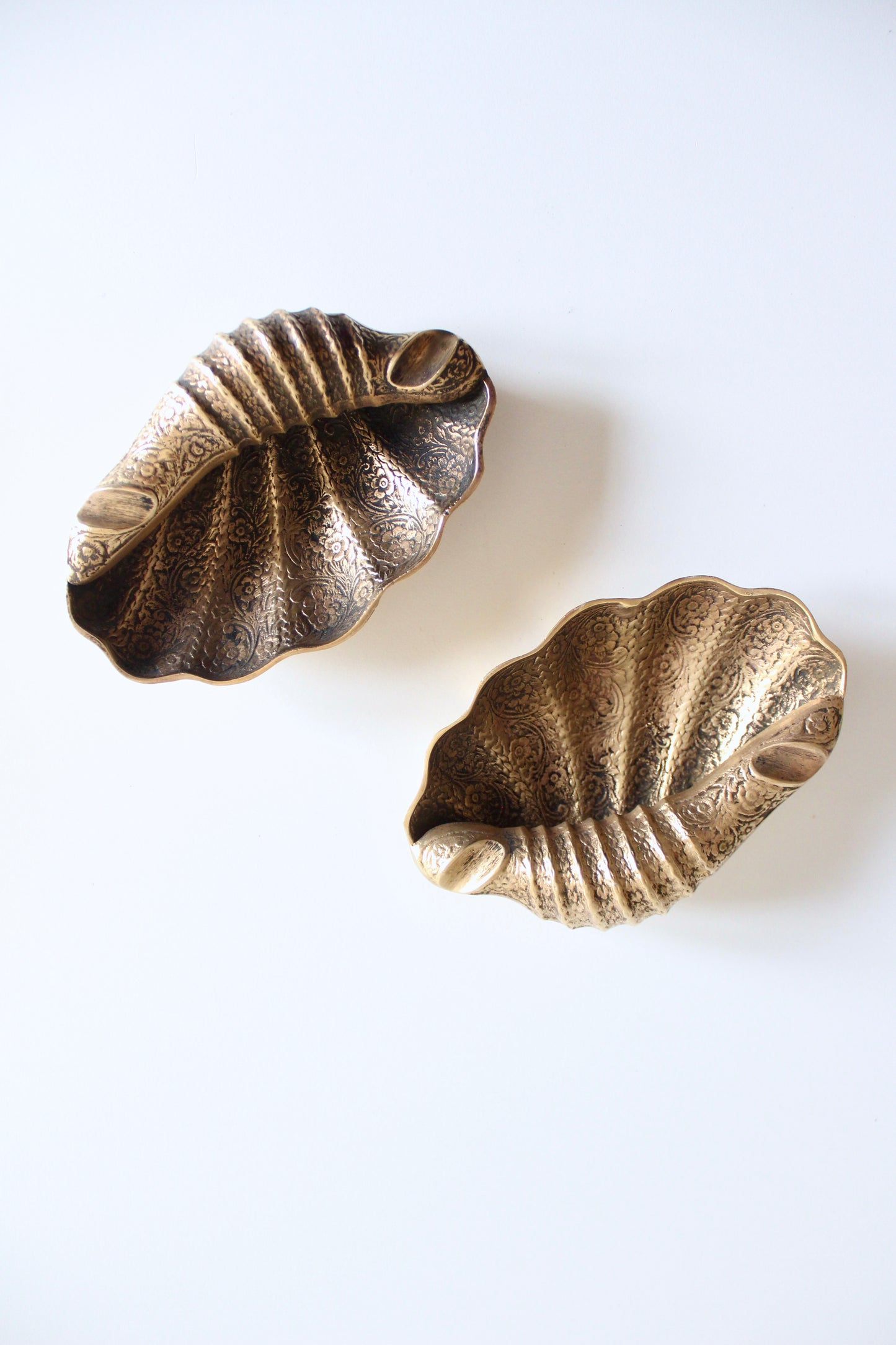 Pair of Vintage Indian Engraved Brass Shell Ashtrays
