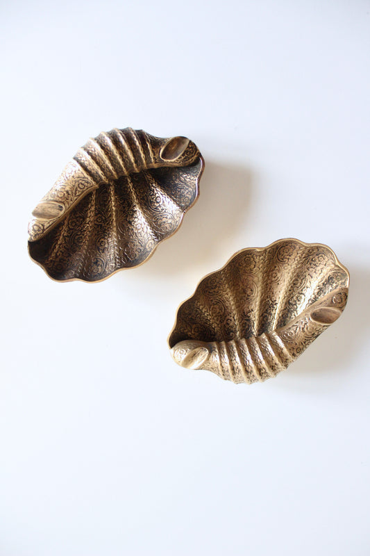 Pair of Vintage Indian Engraved Brass Shell Ashtrays