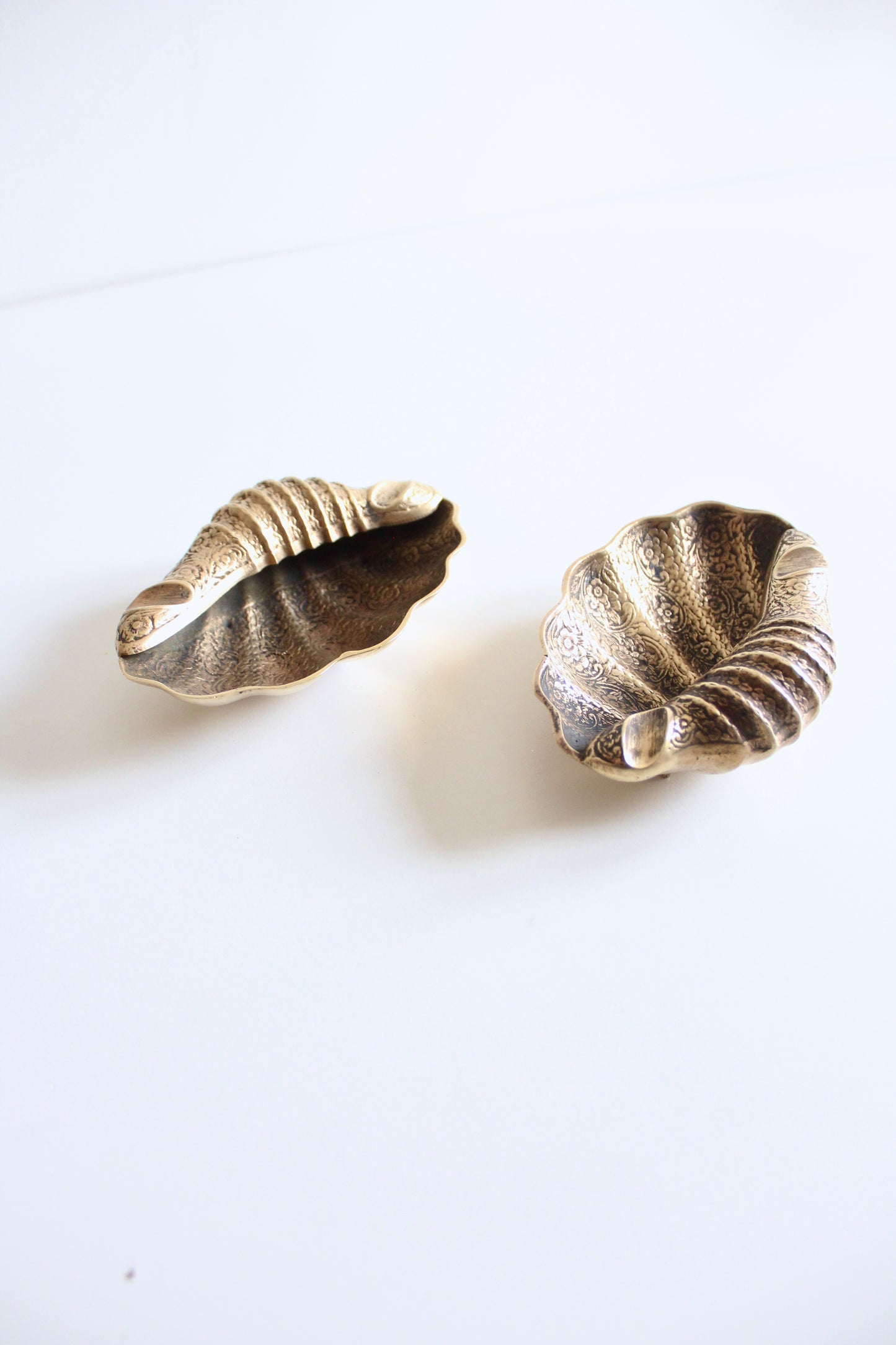 Pair of Vintage Indian Engraved Brass Shell Ashtrays