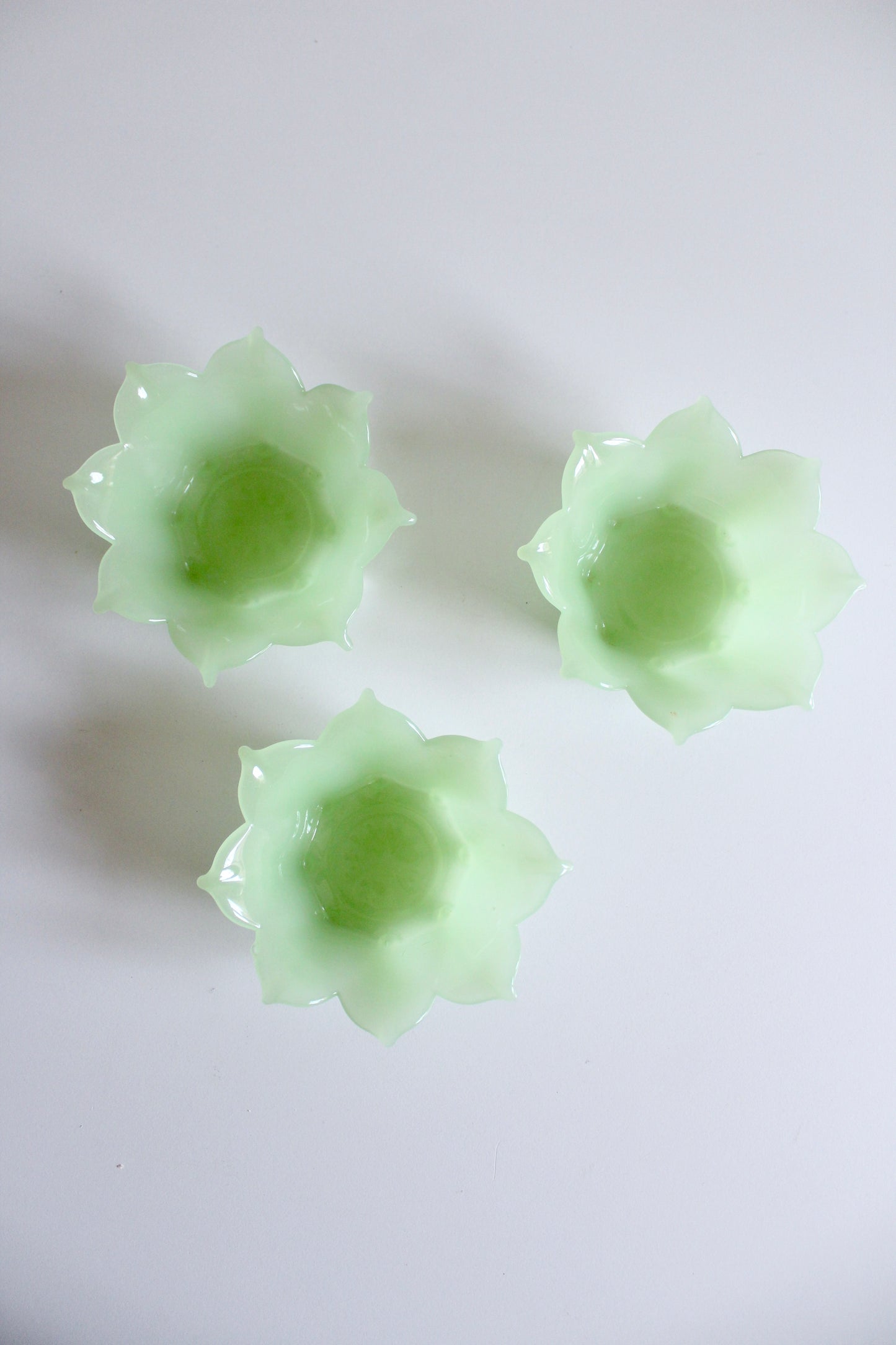 Set of Three Vintage Pale Green Lotus Glass Bowls