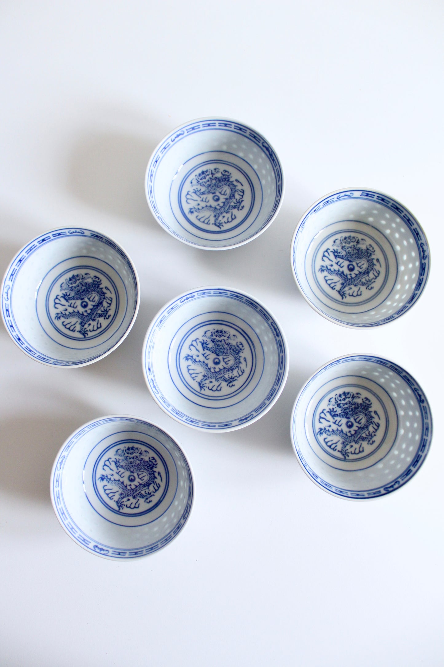 Set of Six Vintage Blue and White Dragon Bowls