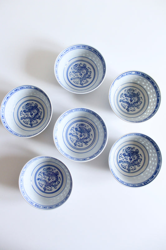 Set of Six Vintage Blue and White Dragon Bowls