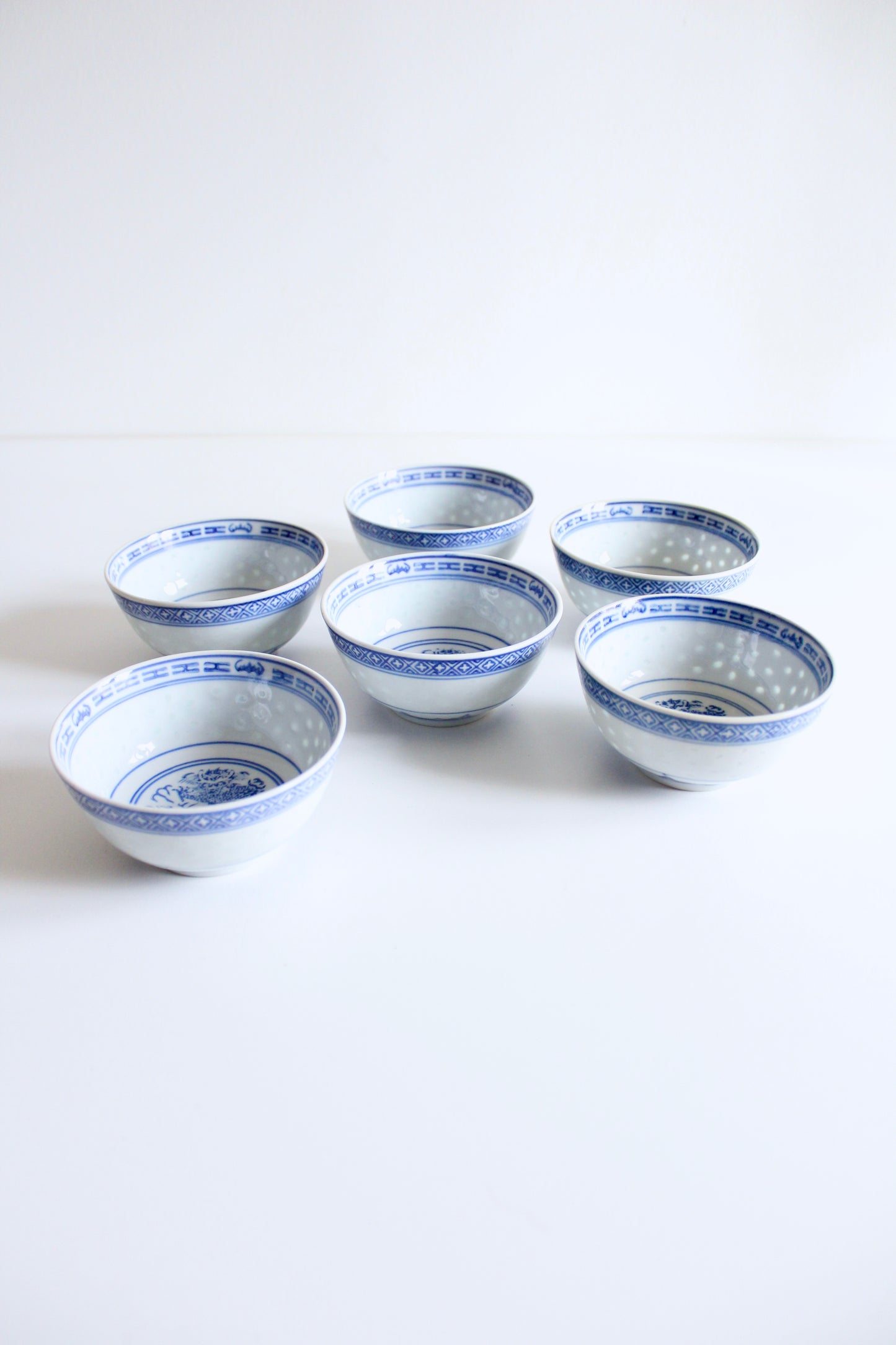Set of Six Vintage Blue and White Dragon Bowls