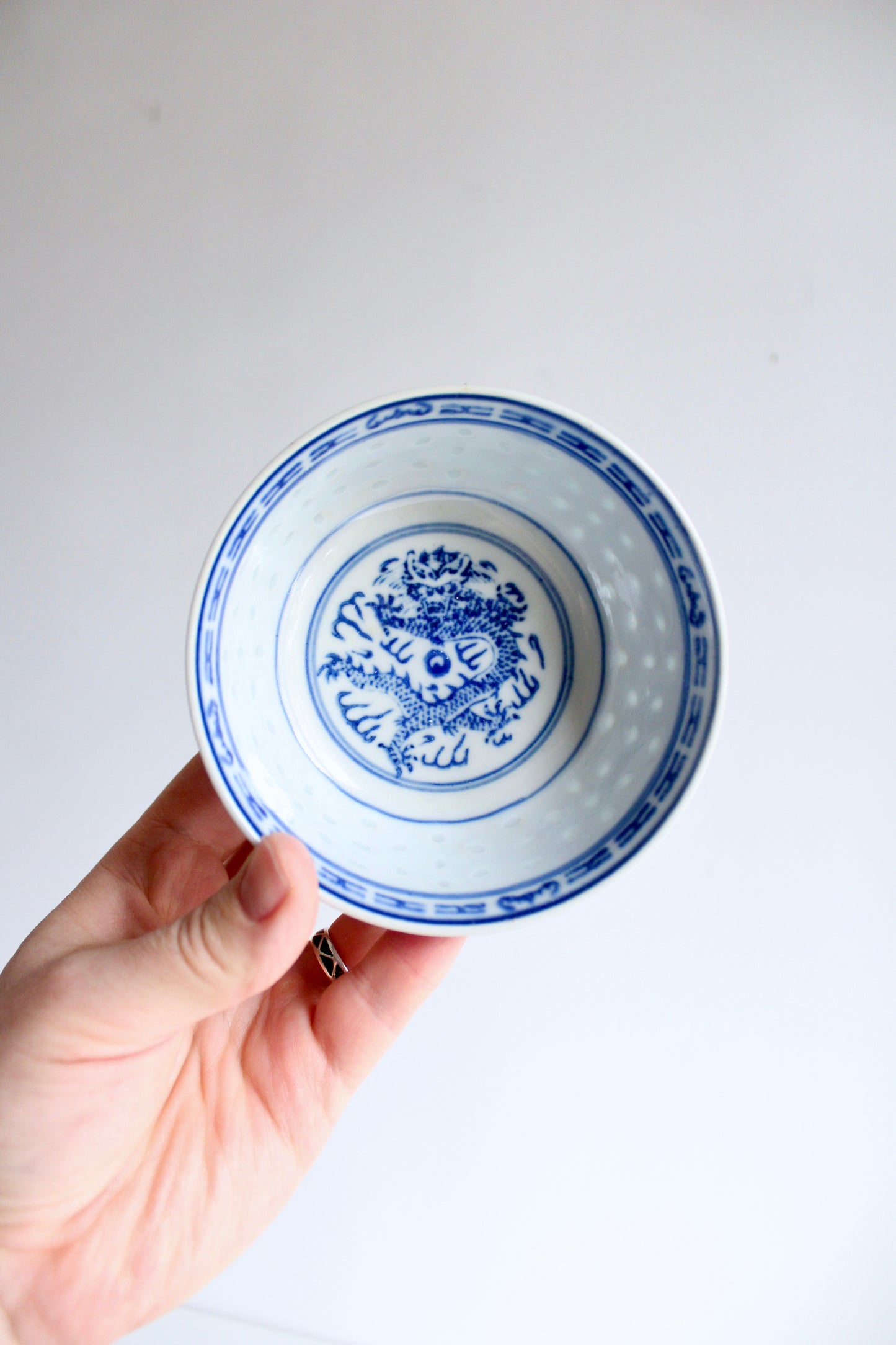 Set of Six Vintage Blue and White Dragon Bowls
