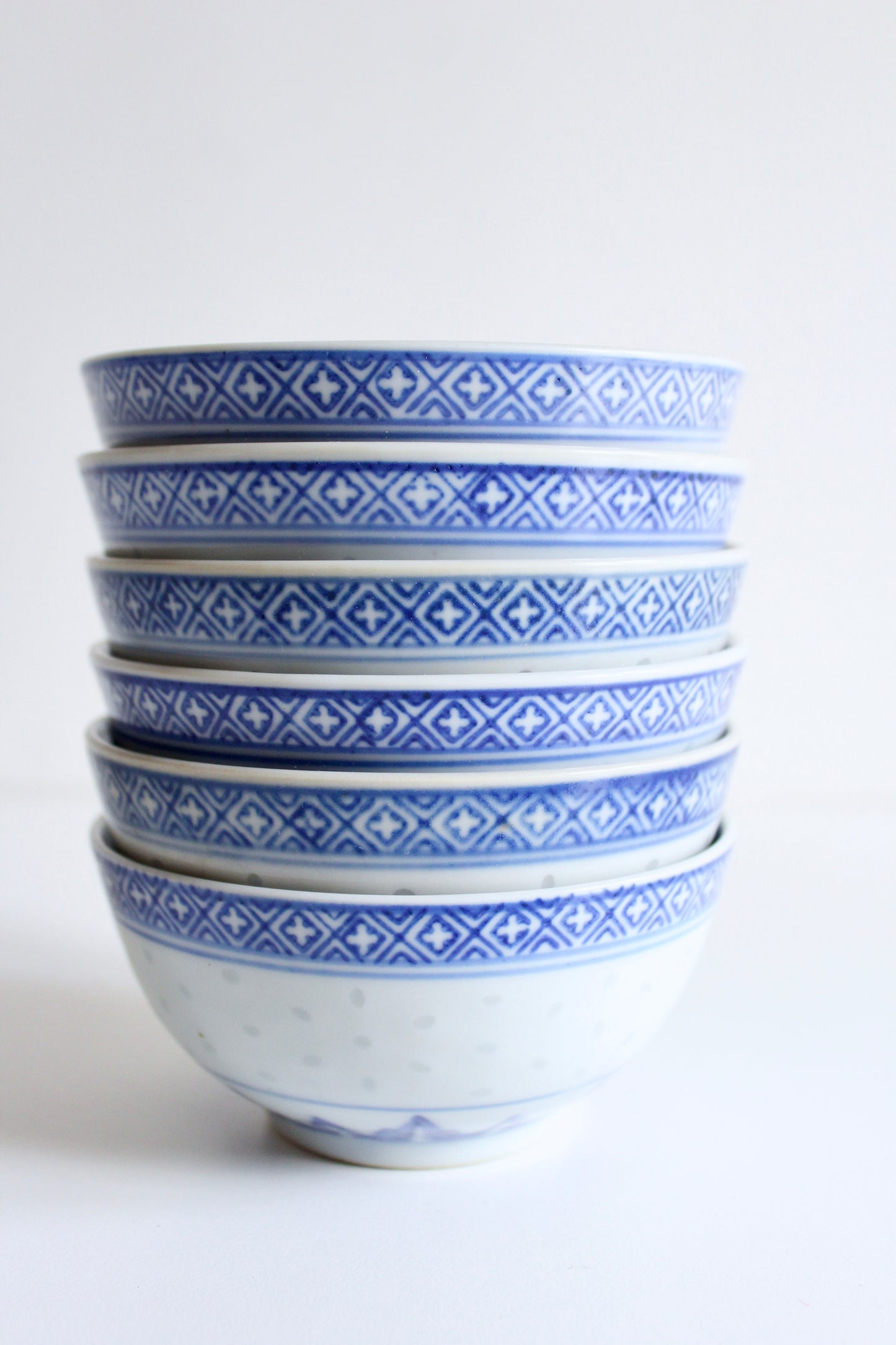 Set of Six Vintage Blue and White Dragon Bowls