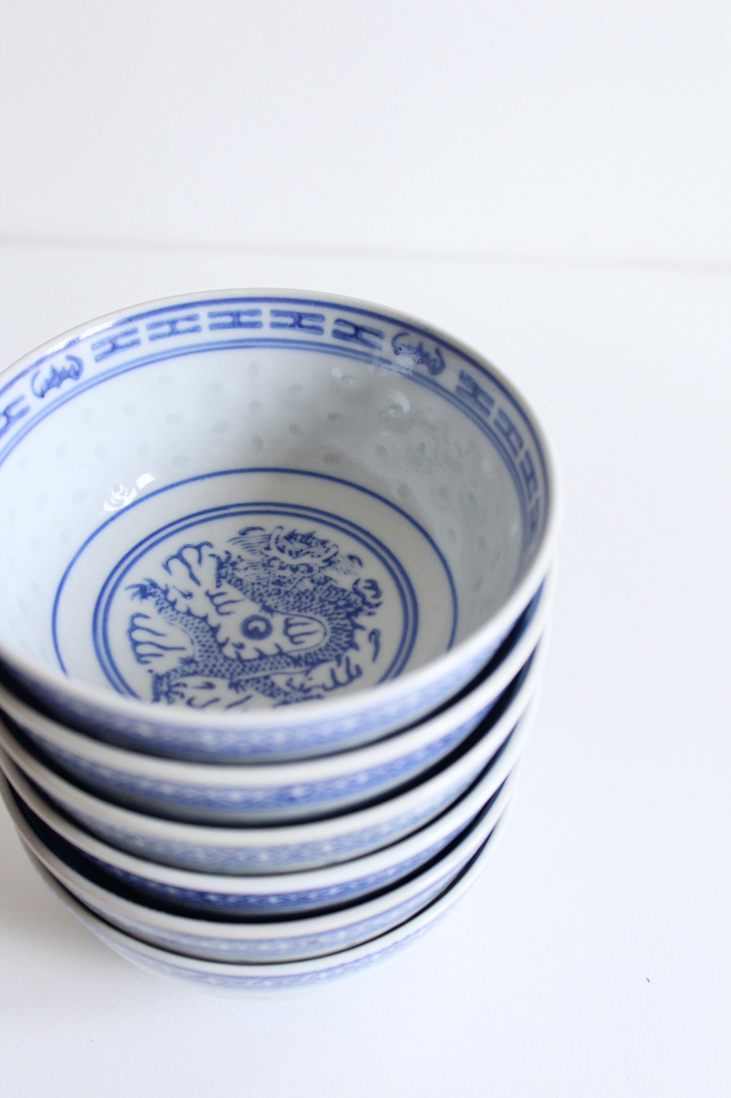 Set of Six Vintage Blue and White Dragon Bowls