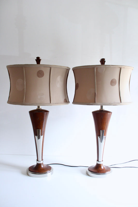 Pair of Vintage Uttermost Walnut and Chrome Table Lamps