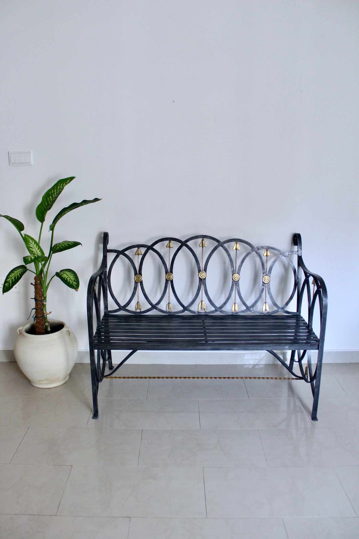 Neoclassical Black Iron Bench with Brass Arrow Detailing