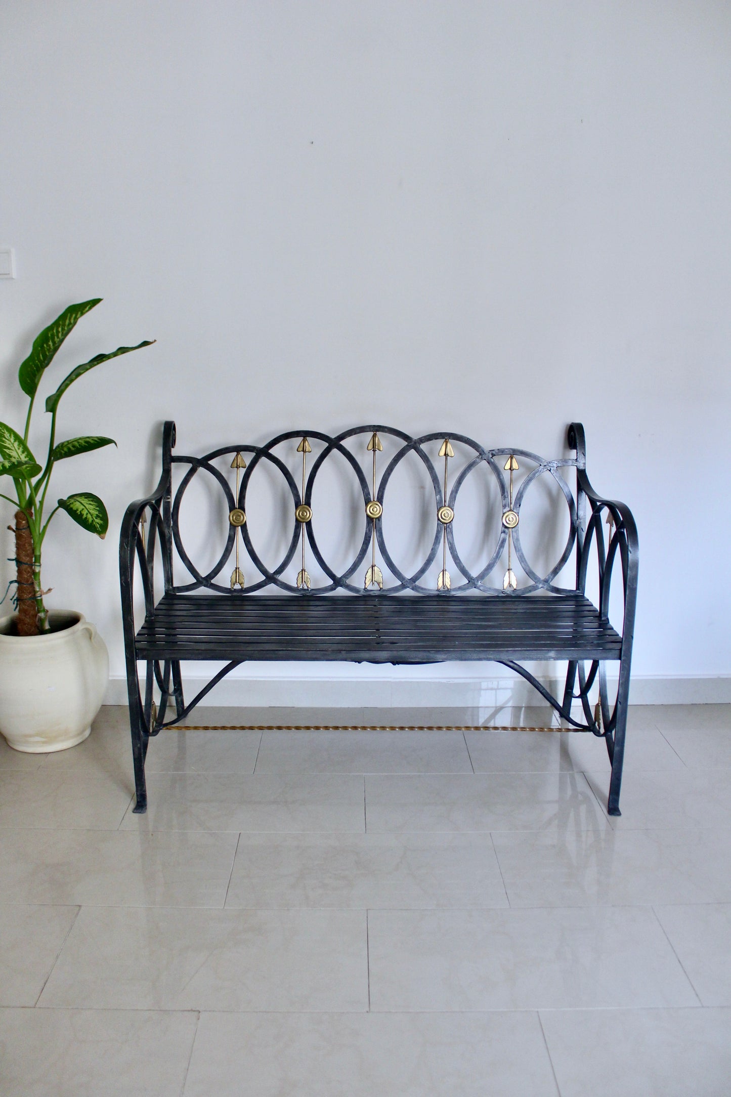 Neoclassical Black Iron Bench with Brass Arrow Detailing