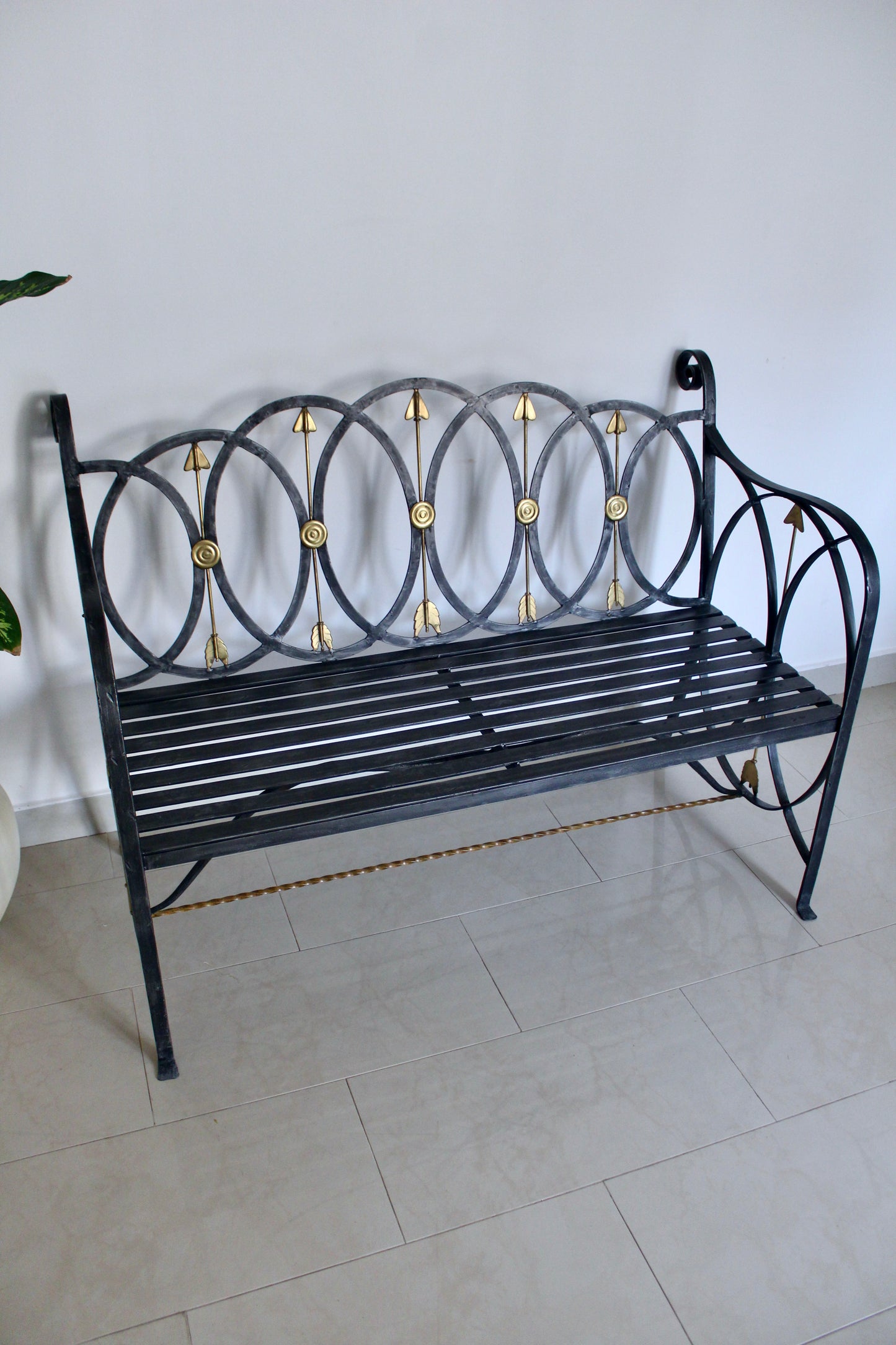 Neoclassical Black Iron Bench with Brass Arrow Detailing