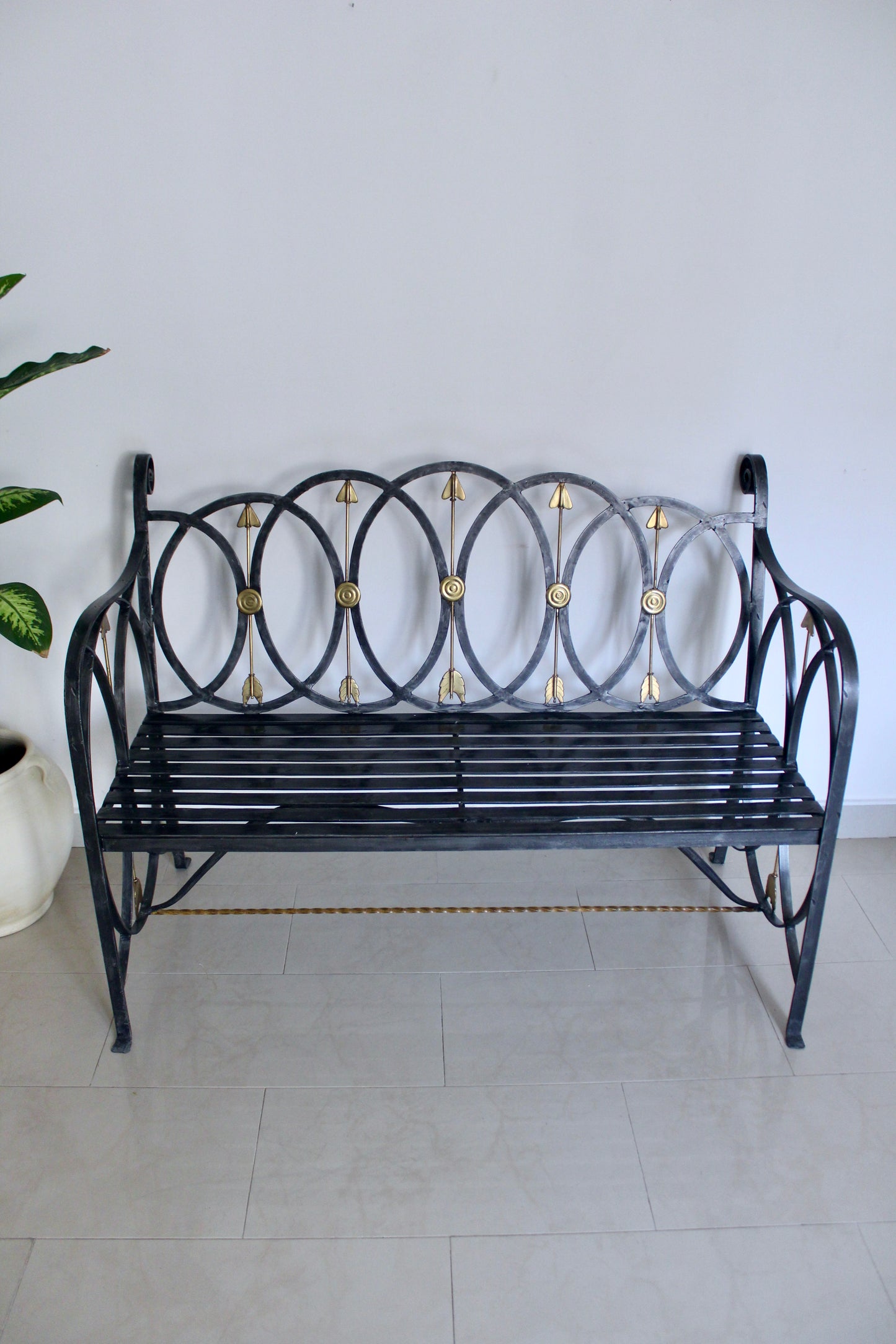Neoclassical Black Iron Bench with Brass Arrow Detailing