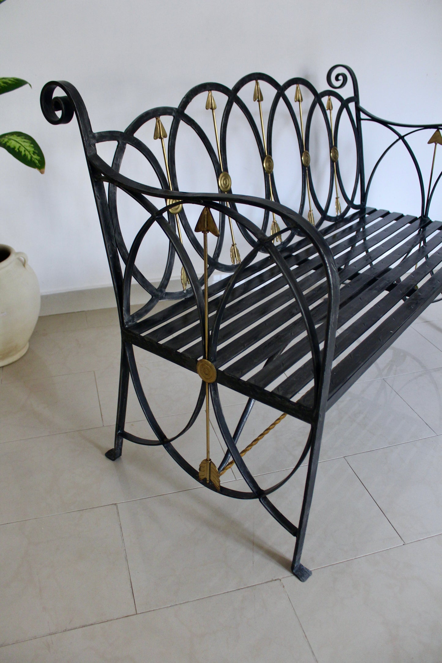 Neoclassical Black Iron Bench with Brass Arrow Detailing