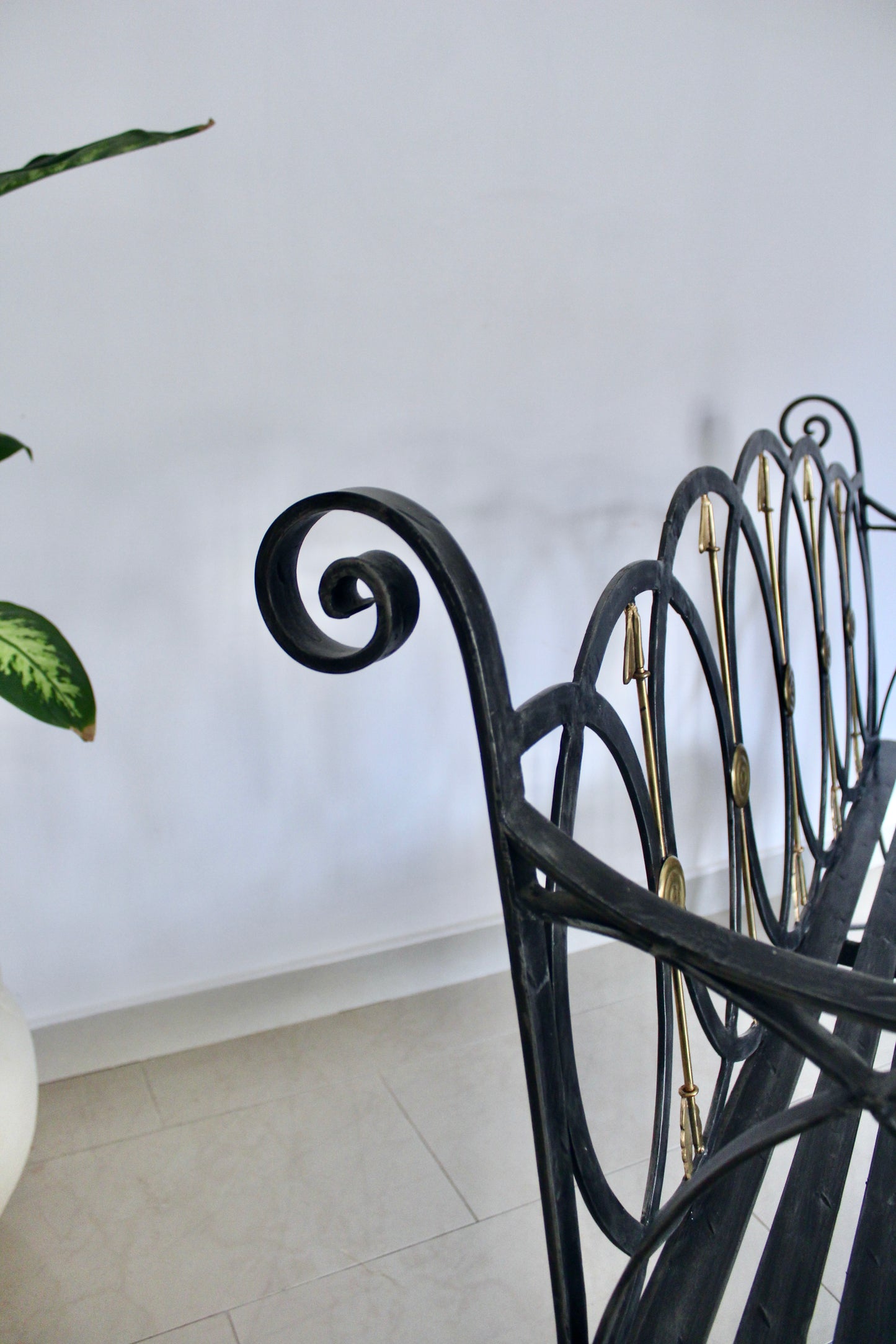Neoclassical Black Iron Bench with Brass Arrow Detailing