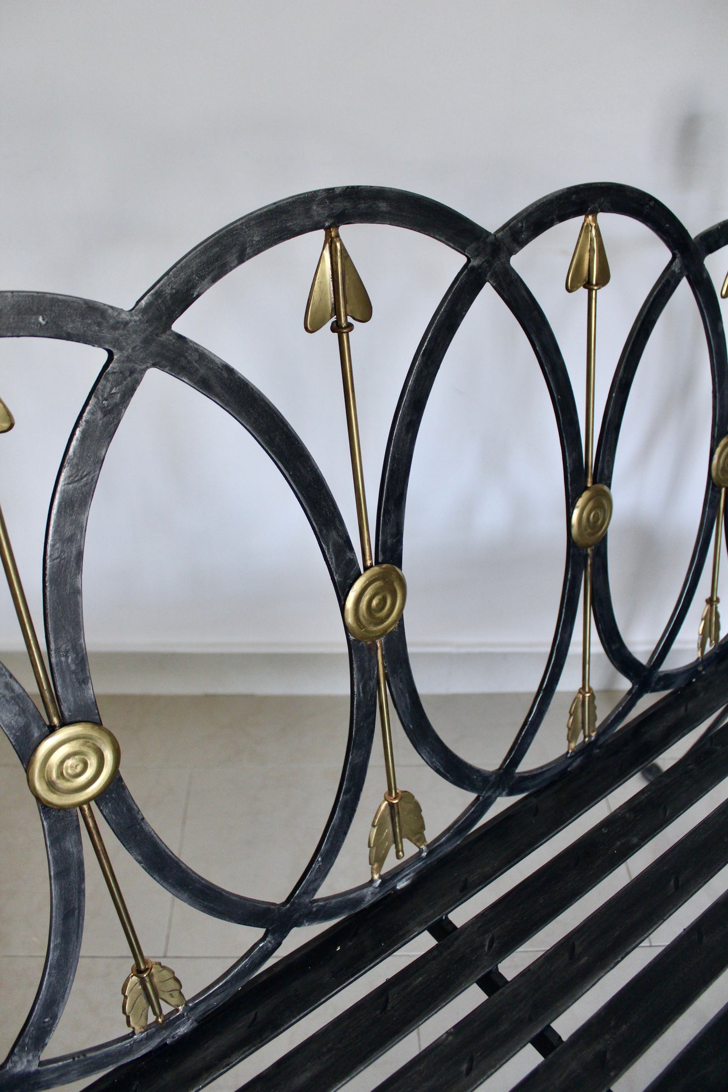Neoclassical Black Iron Bench with Brass Arrow Detailing