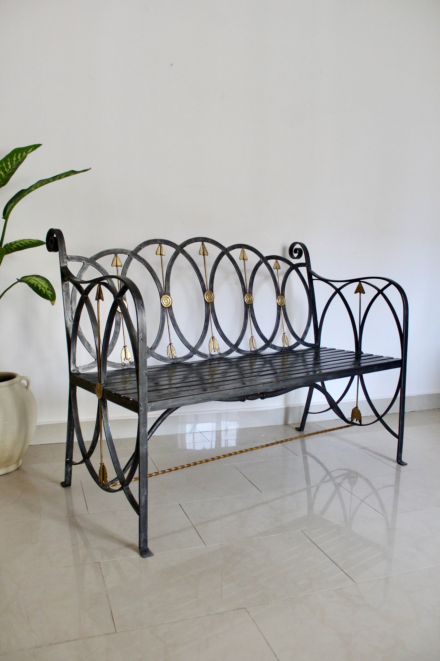 Neoclassical Black Iron Bench with Brass Arrow Detailing