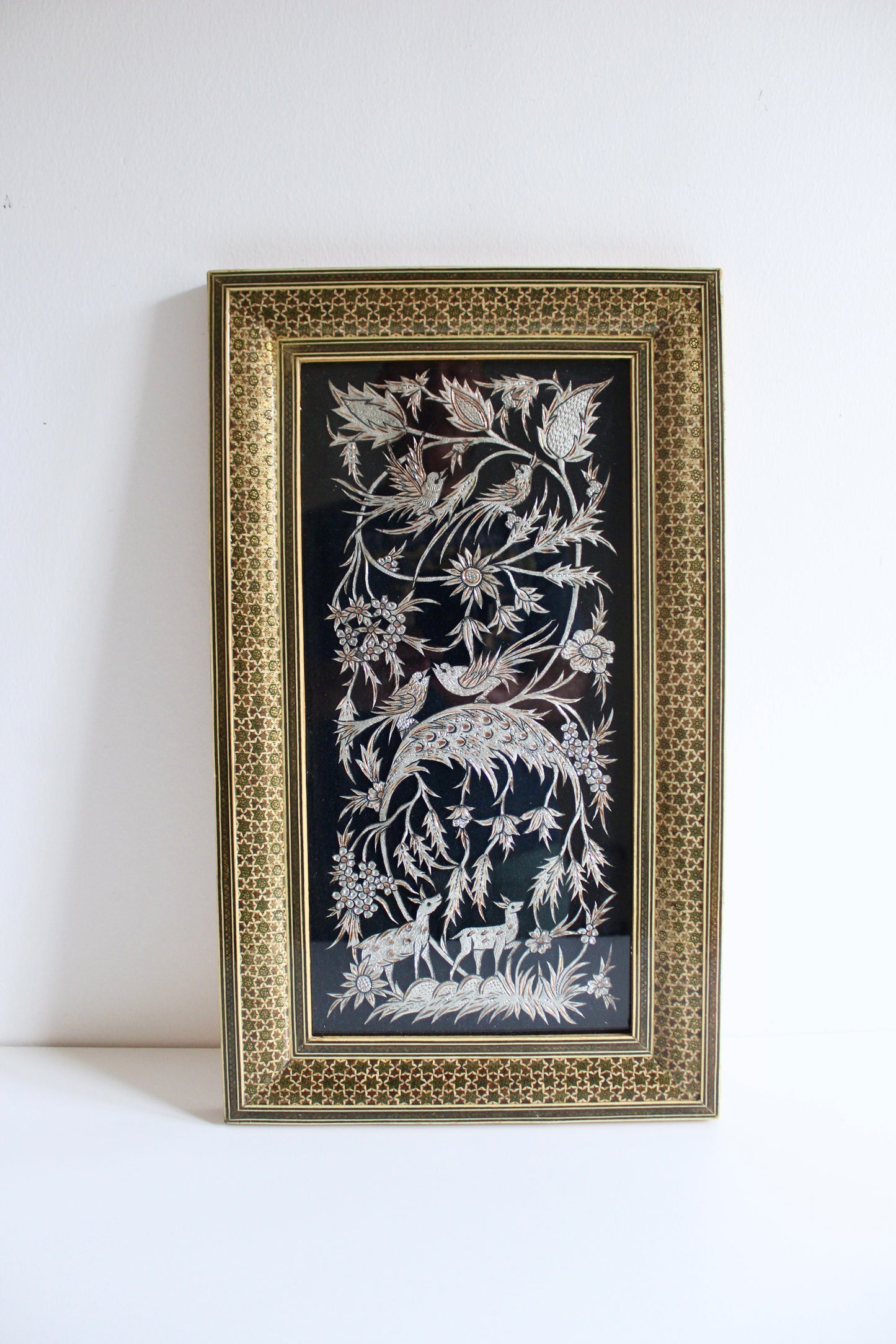 Vintage Persian Khatam Kari Metalwork Garden Panel