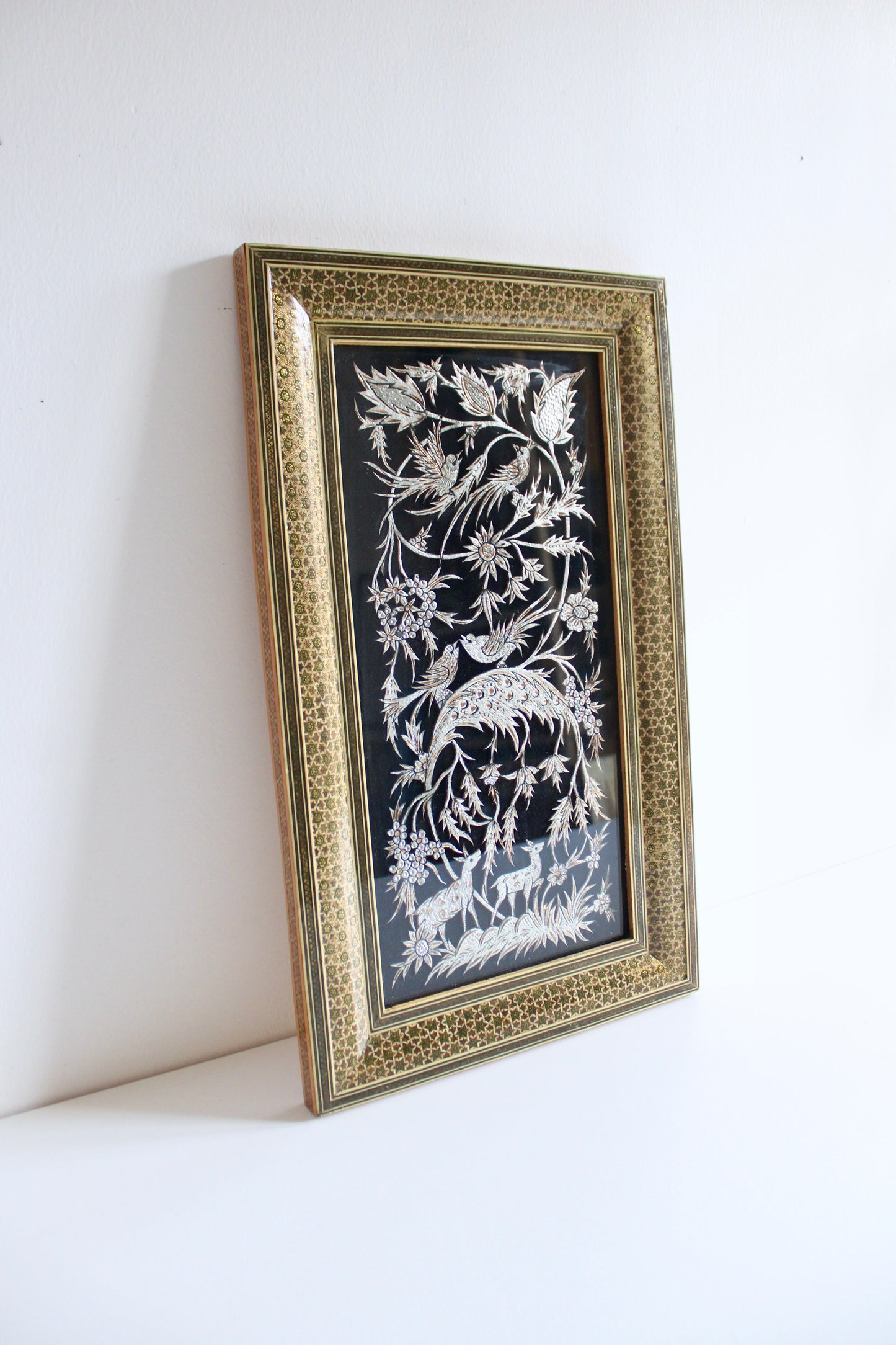 Vintage Persian Khatam Kari Metalwork Garden Panel