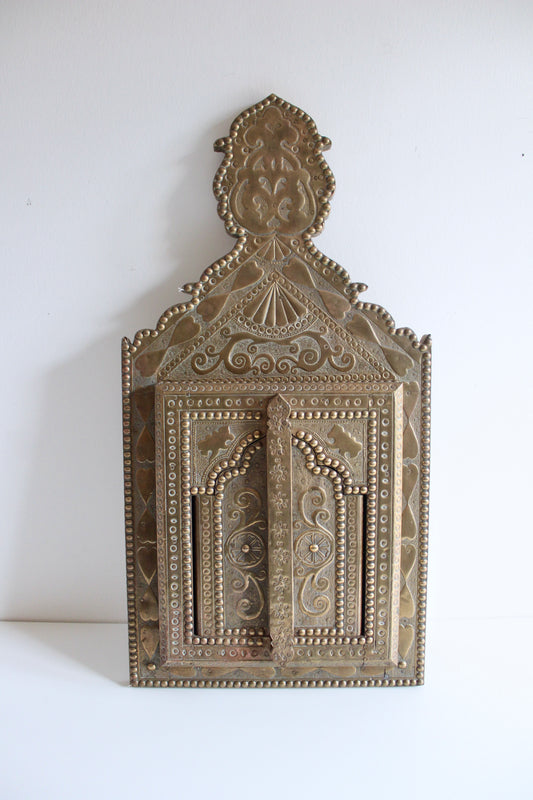 Vintage Moroccan Hand-Tooled Brass Shutter Mirror