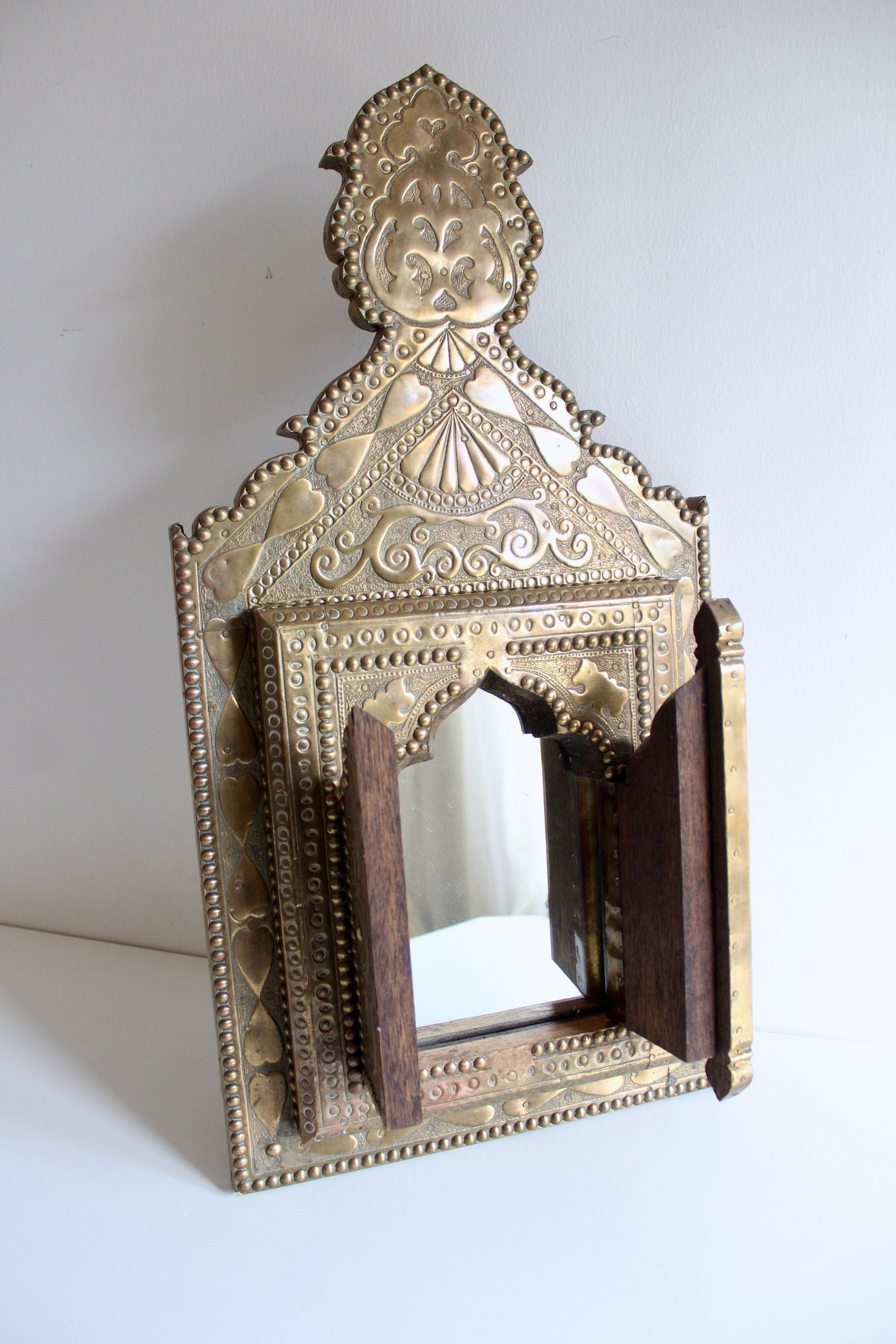 Vintage Moroccan Hand-Tooled Brass Shutter Mirror