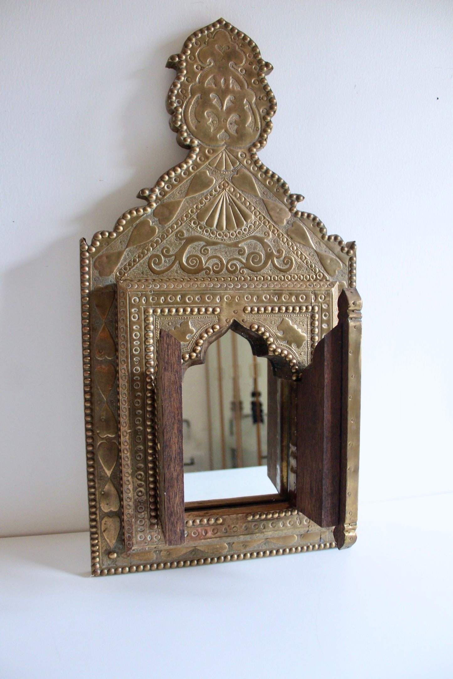 Vintage Moroccan Hand-Tooled Brass Shutter Mirror