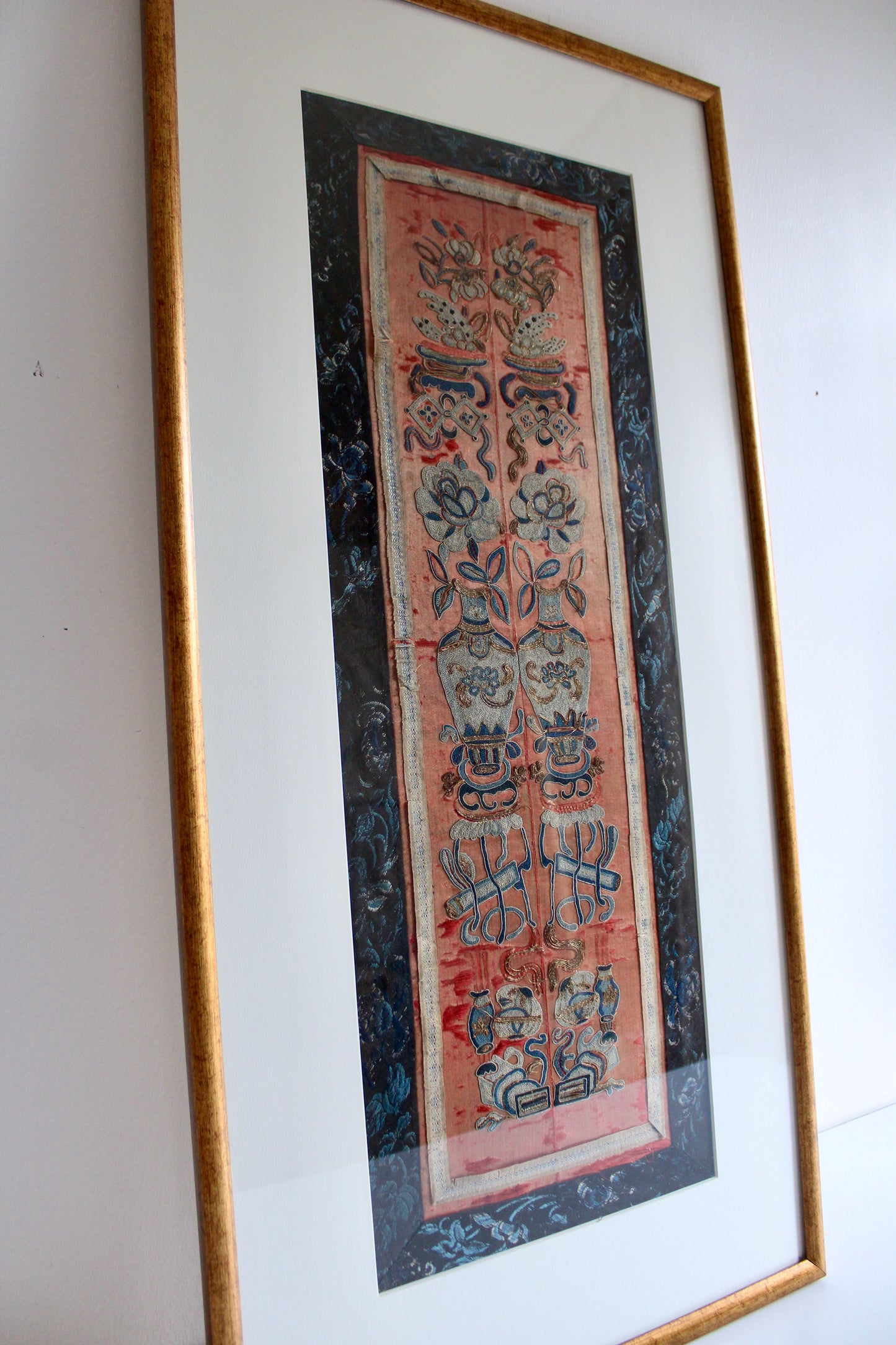 Late Qing Chinese Embroidered Silk Panel, Custom Framed