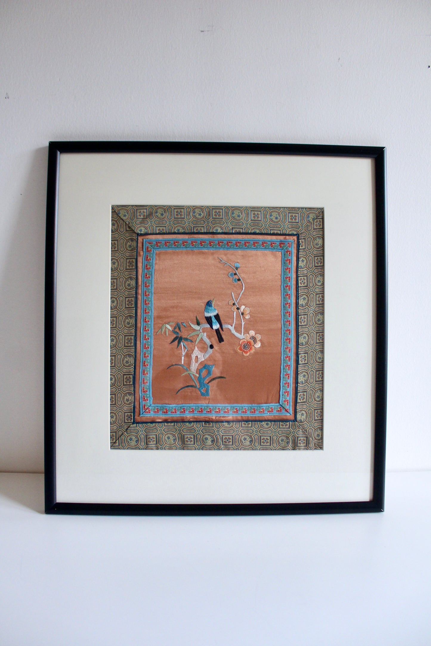 Vintage Chinese Silk Embroidery with Bird & Blossoms