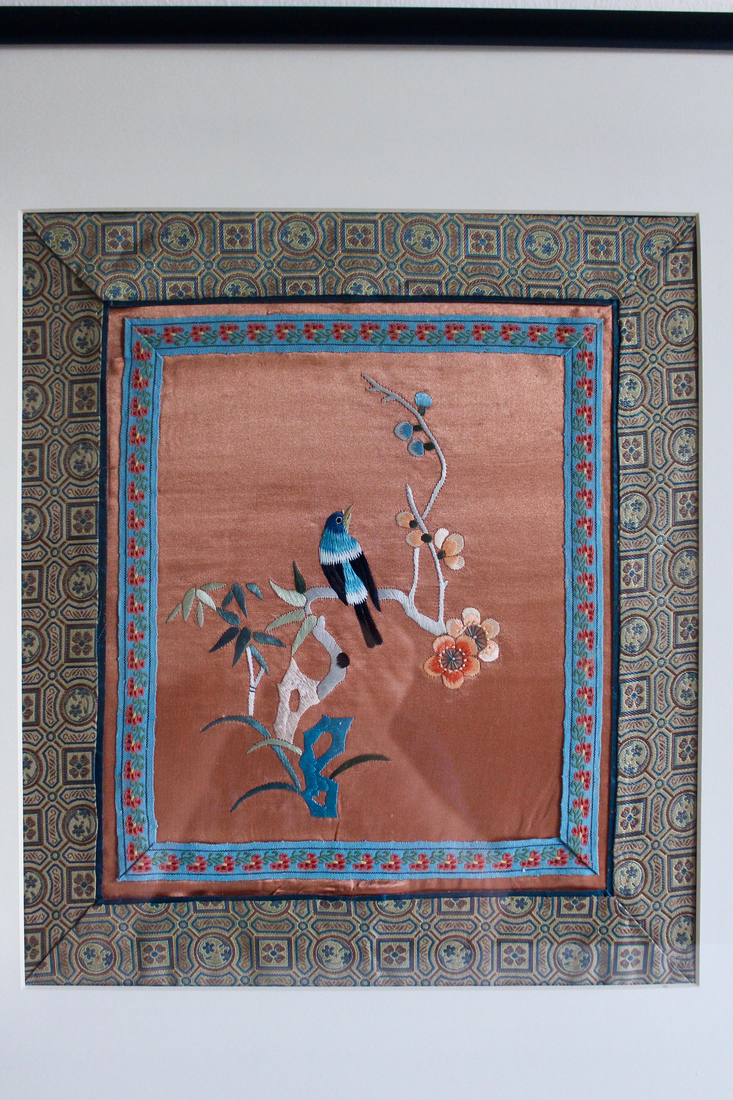 Vintage Chinese Silk Embroidery with Bird & Blossoms