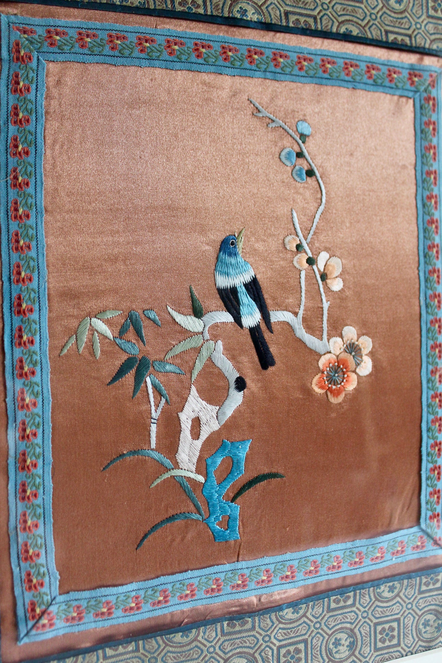 Vintage Chinese Silk Embroidery with Bird & Blossoms