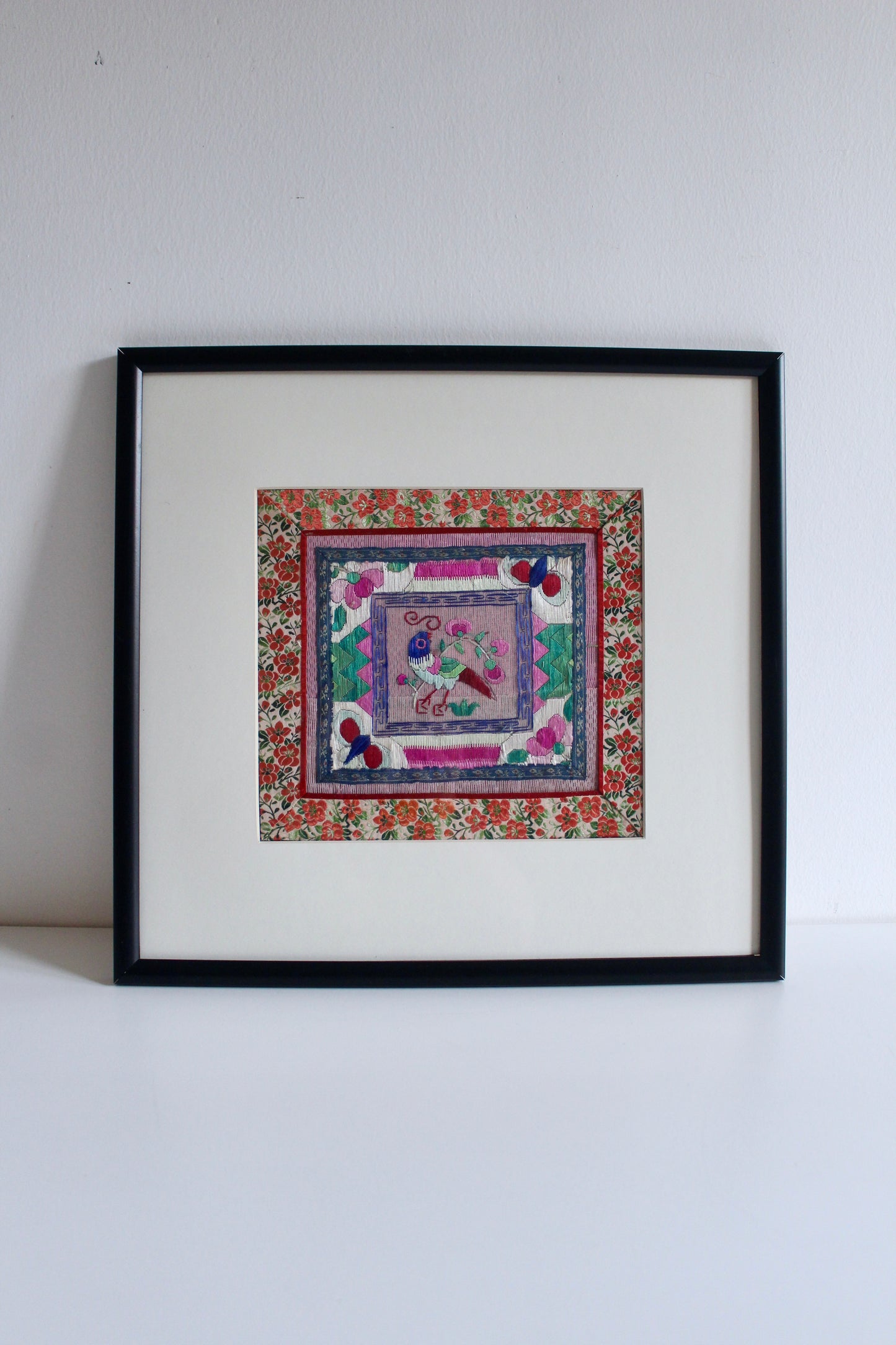 Vintage Chinese Folk Embroidery Bird Panel – Custom Framed